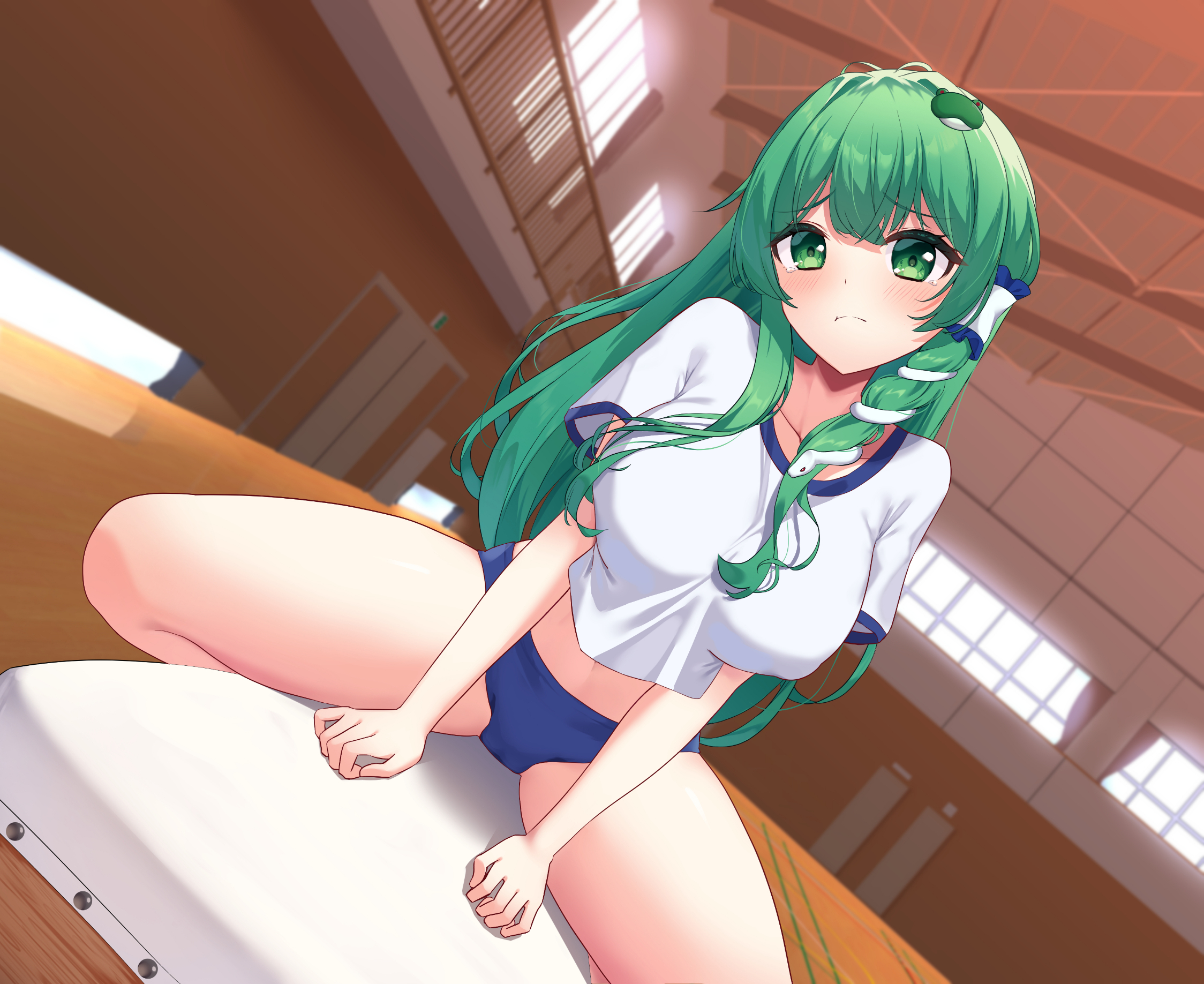 ambasa, kochiya sanae, touhou, highres, 1girl, blue buruma, breasts, buruma, frown, green eyes, green hair, gym, gym uniform, indoors, large breasts, long hair, looking at viewer, midriff, shirt, sitting, solo, straddling, vaulting horse, white shirt