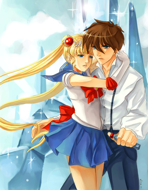 elise trinh, heero yuy, midorikawa hikaru, sailor moon, tsukino usagi, bishoujo senshi sailor moon, gundam, gundam wing, 1990s (style), 1boy, 1girl, blonde hair, blue eyes, blue sailor collar, blue skirt, bow, brown hair, choker, couple, crossover, double bun, elbow gloves, gloves, hetero, hug, long hair, magical girl, red bow, sailor collar, sailor senshi, short hair, skirt, suspenders, tiara, twintails, voice actor connection, white gloves