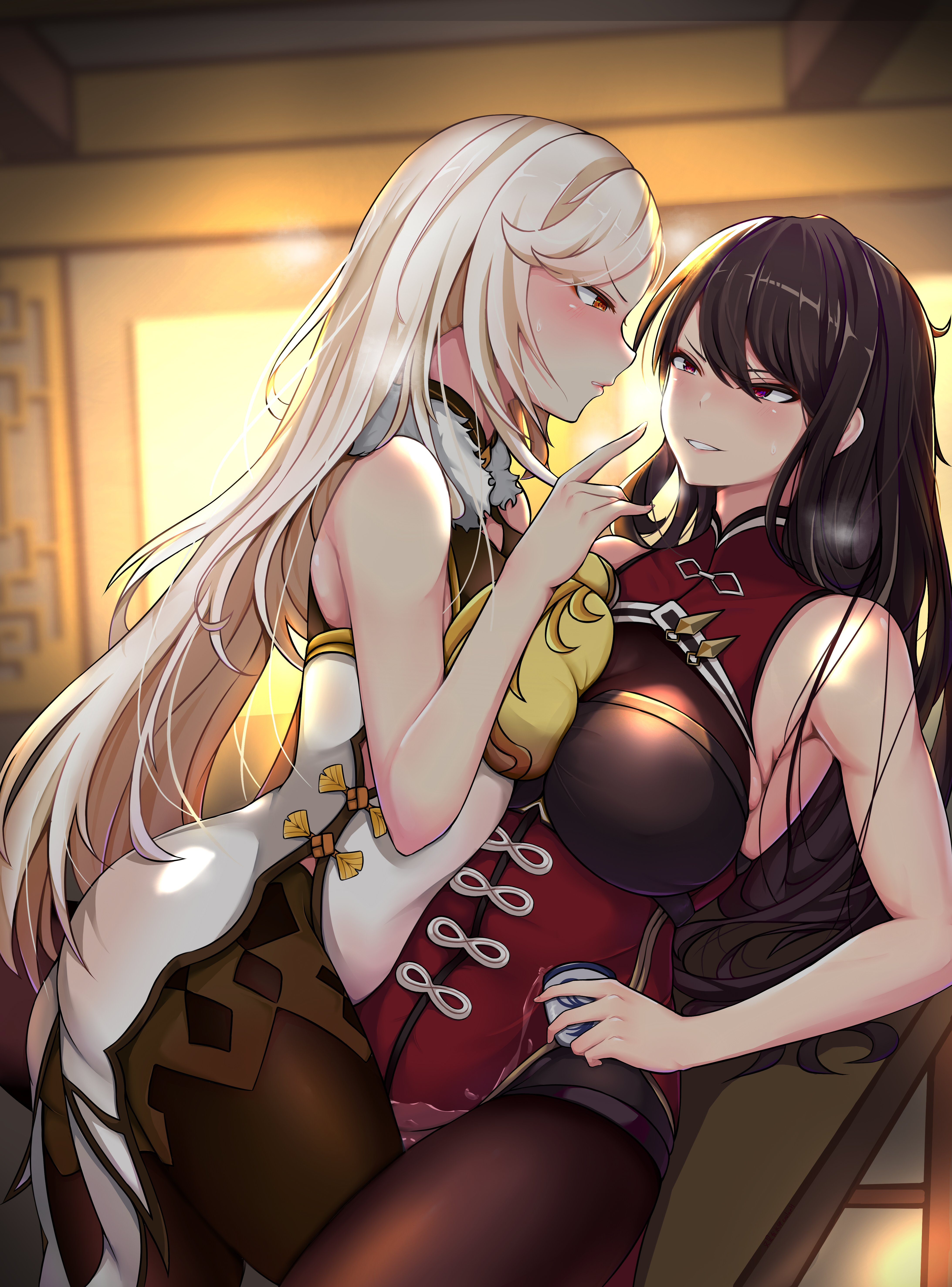 potato h, beidou (genshin impact), ningguang (genshin impact), genshin impact, absurdres, chinese commentary, highres, 2girls, blonde hair, blush, bow, breast press, breasts, brown hair, brown pantyhose, chinese clothes, closed mouth, cowboy shot, dress, forehead, fur trim, indoors, large breasts, leg between thighs, long hair, looking at another, multiple girls, pantyhose, parted bangs, parted lips, red dress, red eyes, sleeveless, toned, toned female, v-shaped eyebrows, white dress, yellow bow