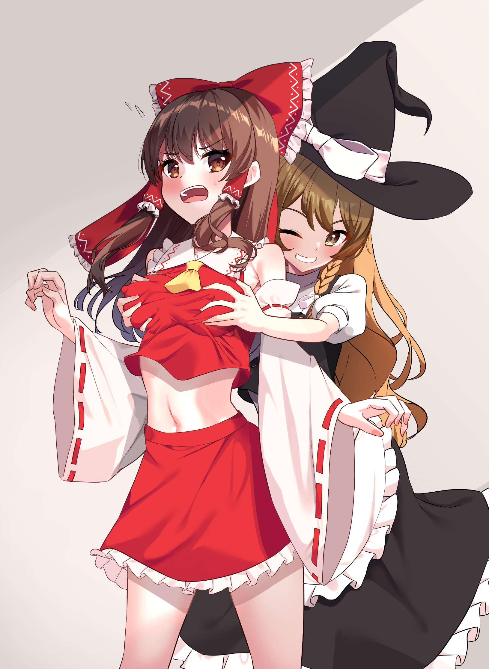 ambasa, hakurei reimu, kirisame marisa, touhou, commentary request, highres, 2girls, apron, black hat, black skirt, black vest, blonde hair, bow, breasts, brown eyes, brown hair, covered erect nipples, d:, detached sleeves, grabbing another's breast, grabbing from behind, grin, groping, hair bow, hair tubes, hat, medium breasts, midriff, multiple girls, navel, open mouth, red bow, red shirt, red skirt, shirt, skirt, smile, vest, waist apron, white apron, white shirt, witch hat, yuri