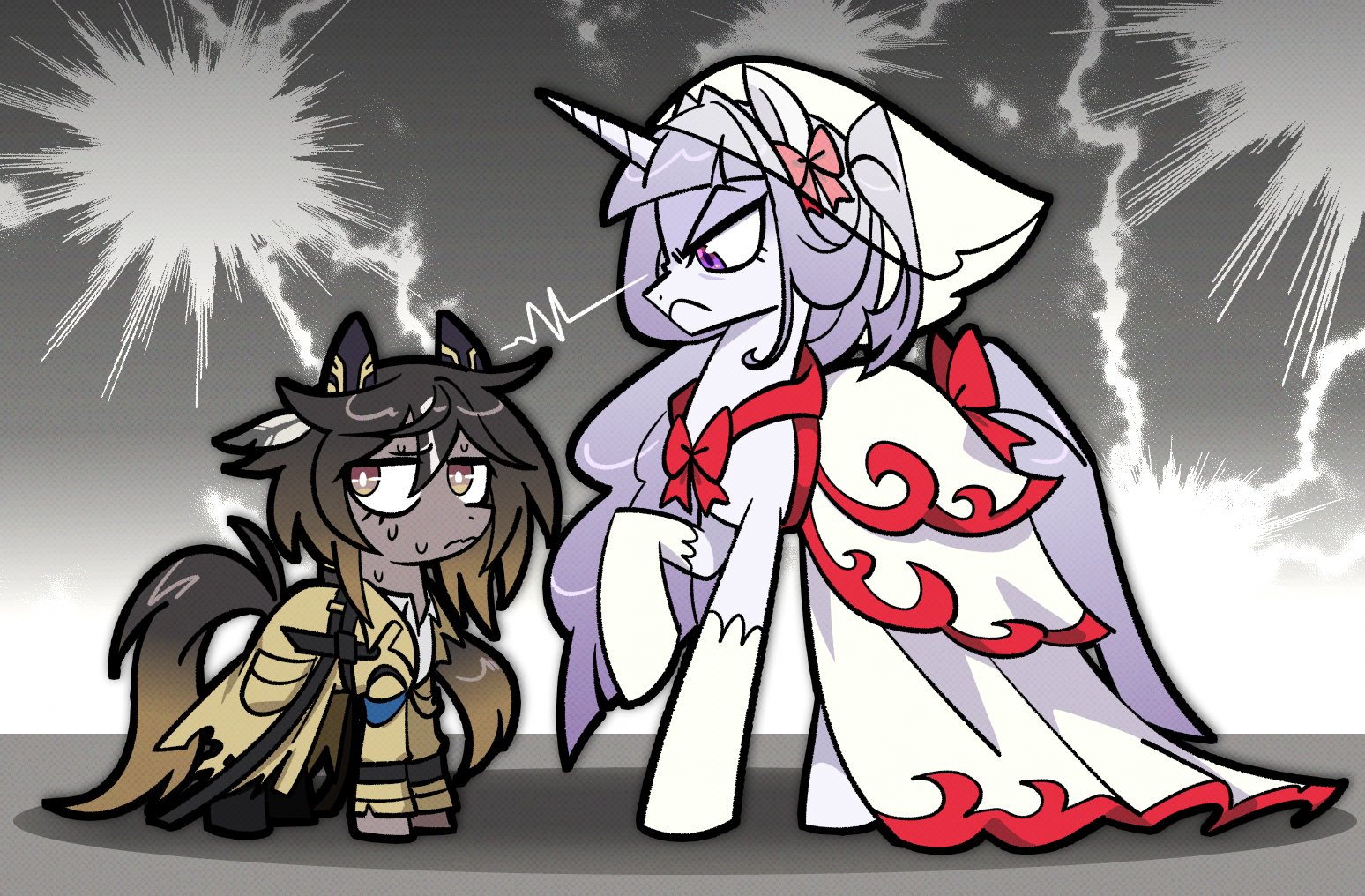 applejoople, stay gold (umamusume), my little pony, my little pony: friendship is magic, original, umamusume, commentary, english commentary, 2girls, animal ears, animalization, averting eyes, blunt bangs, bow, bowtie, bridal veil, bright pupils, brown eyes, brown fur, brown hair, brown tail, coat, dress, ear bow, feather hair ornament, feathers, full body, gradient hair, hair ornament, height difference, horse ears, horse tail, jitome, layered dress, lightning, looking at another, looking to the side, multicolored hair, multiple girls, nervous, nervous sweating, point flag (racehorse), pony (animal), purple eyes, purple hair, purple tail, recursive animalization, red bow, red bowtie, red dress, scowl, size difference, standing on three legs, sweat, tail, torn clothes, torn coat, unicorn, v-shaped eyebrows, veil, white dress, white fur, white pupils, yellow coat