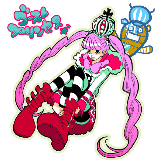 eeyasu, kumacy, perona, one piece, red footwear, 1girl, :p, boots, bow, capelet, character name, cross, crown, female focus, fur trim, hair tie, long hair, long sleeves, mask, mouth mask, pantyhose, patterned legwear, pink hair, red crown, shirt, shoes, short cape, sitting, skirt, solo, striped clothes, striped headwear, striped pantyhose, surgical mask, tongue, tongue out, twintails, two-tone stripes, very long hair, white shirt