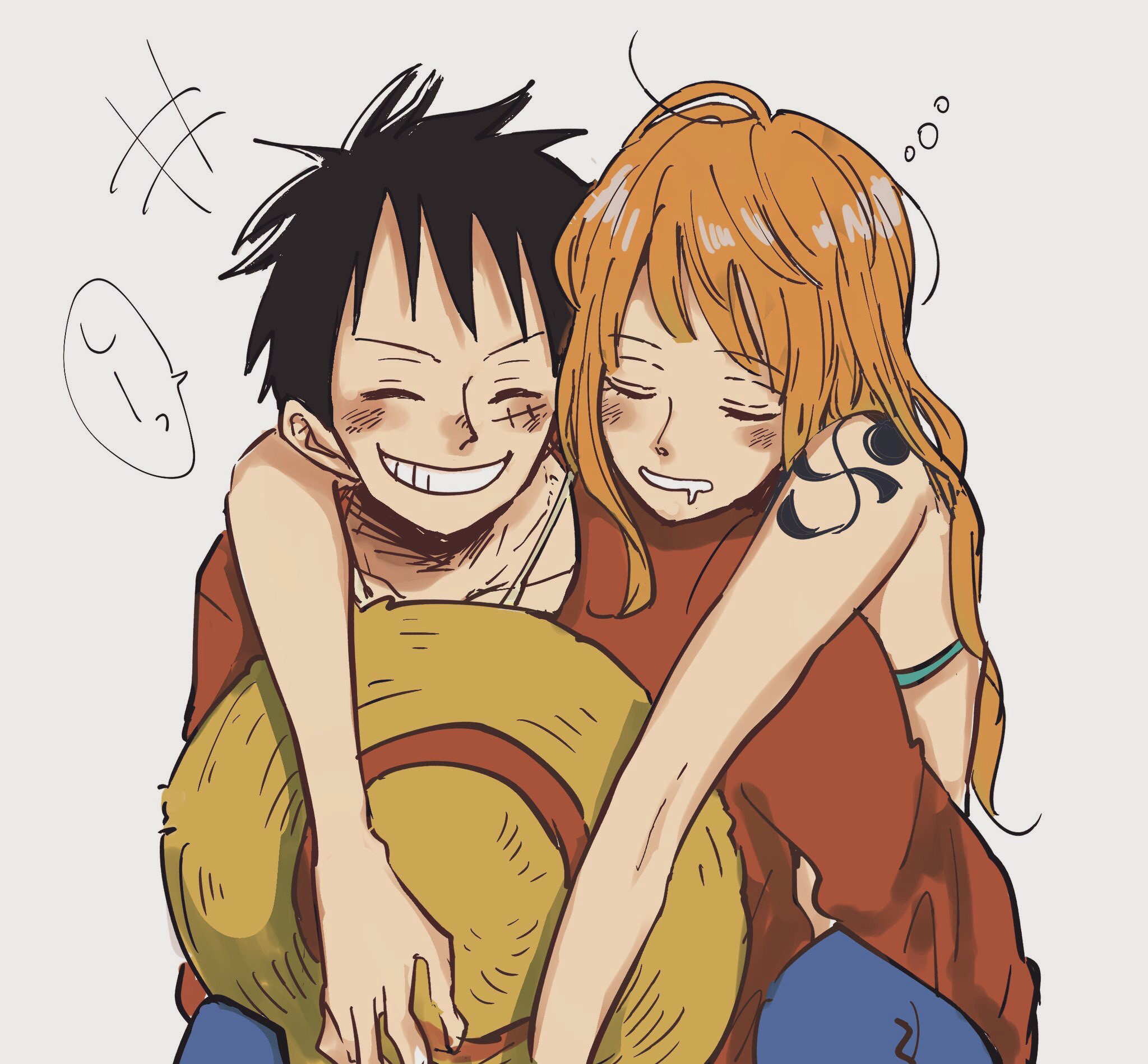 aji of aji55, monkey d. luffy, nami (one piece), one piece, commentary request, highres, +++, 1boy, 1girl, arm around neck, bare shoulders, black hair, blue pants, blush, carrying, closed eyes, collarbone, denim, drooling, facial scar, facing another, grin, hat, head on another's shoulder, holding, holding unworn clothes, holding unworn hat, jeans, long hair, open clothes, open shirt, orange hair, pants, parted lips, piggyback, red shirt, scar, scar on cheek, scar on face, shirt, short hair, shoulder tattoo, simple background, sleeping, smile, straw hat, tattoo, unworn hat, unworn headwear, upper body, wavy hair