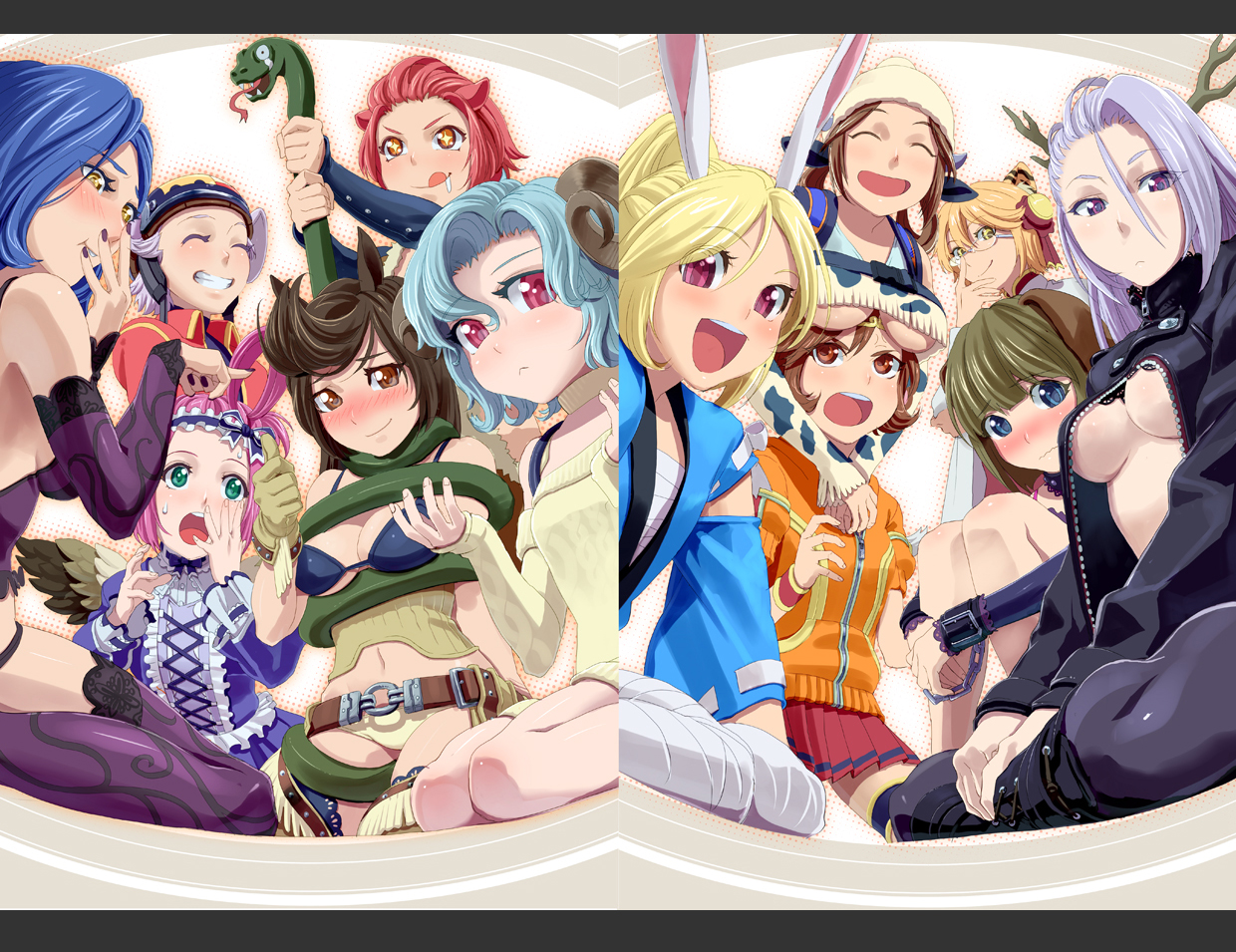 yahako, bad id, bad pixiv id, 6+girls, bandages, boots, bra, breast envy, breast rest, breasts, crossed legs, everyone, glasses, horns, laughing, letterboxed, lingerie, looking at breasts, medium breasts, multiple girls, pantyhose, sitting, skirt, small breasts, snake, thighhighs, underboob, underwear, unzipped
