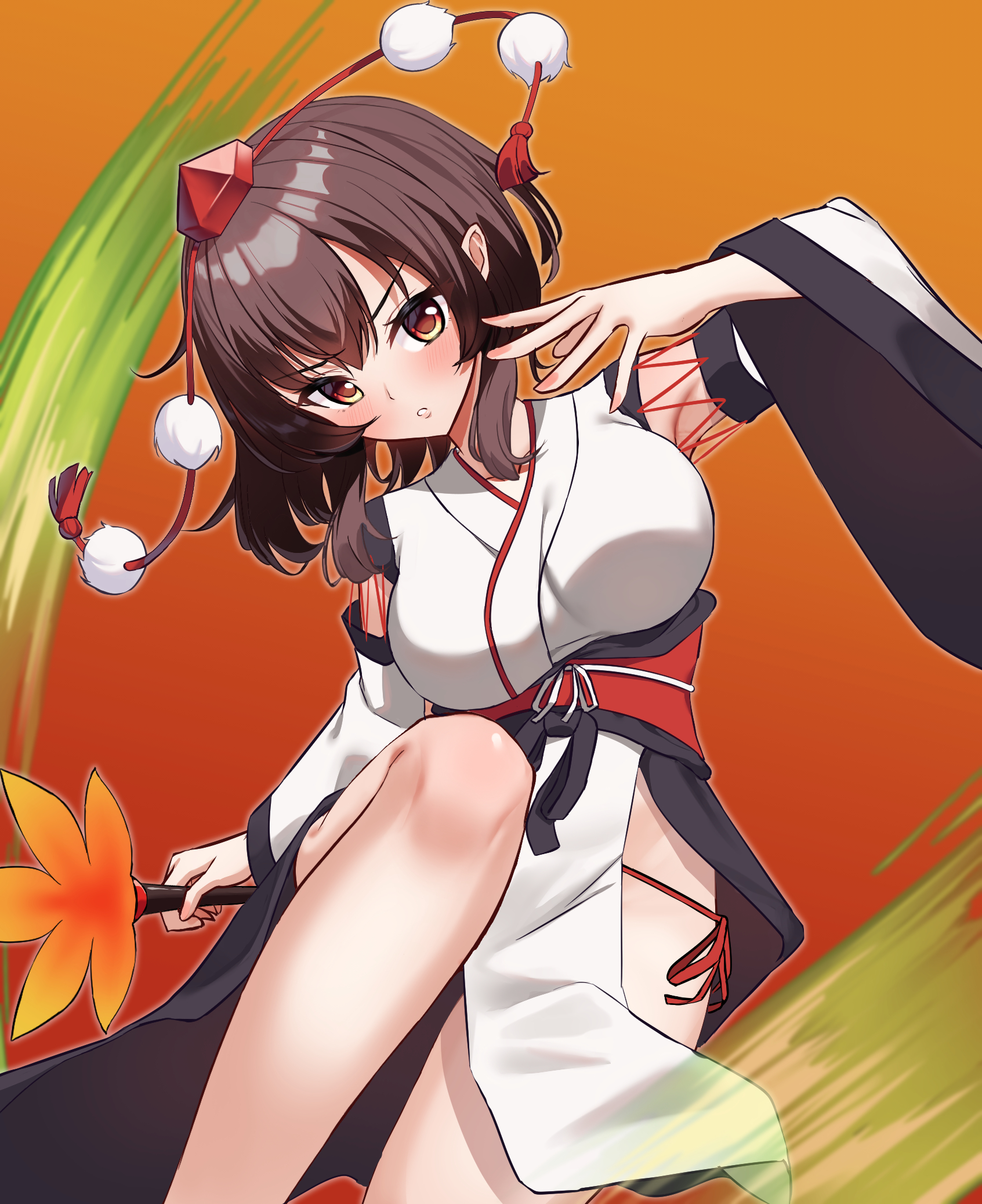 ambasa, shameimaru aya, touhou, highres, 1girl, breasts, brown eyes, brown hair, detached sleeves, frown, hat, hauchiwa, japanese clothes, kimono, kourindou tengu costume, large breasts, looking at viewer, panties, pelvic curtain, side-tie panties, tokin hat, underwear, white kimono