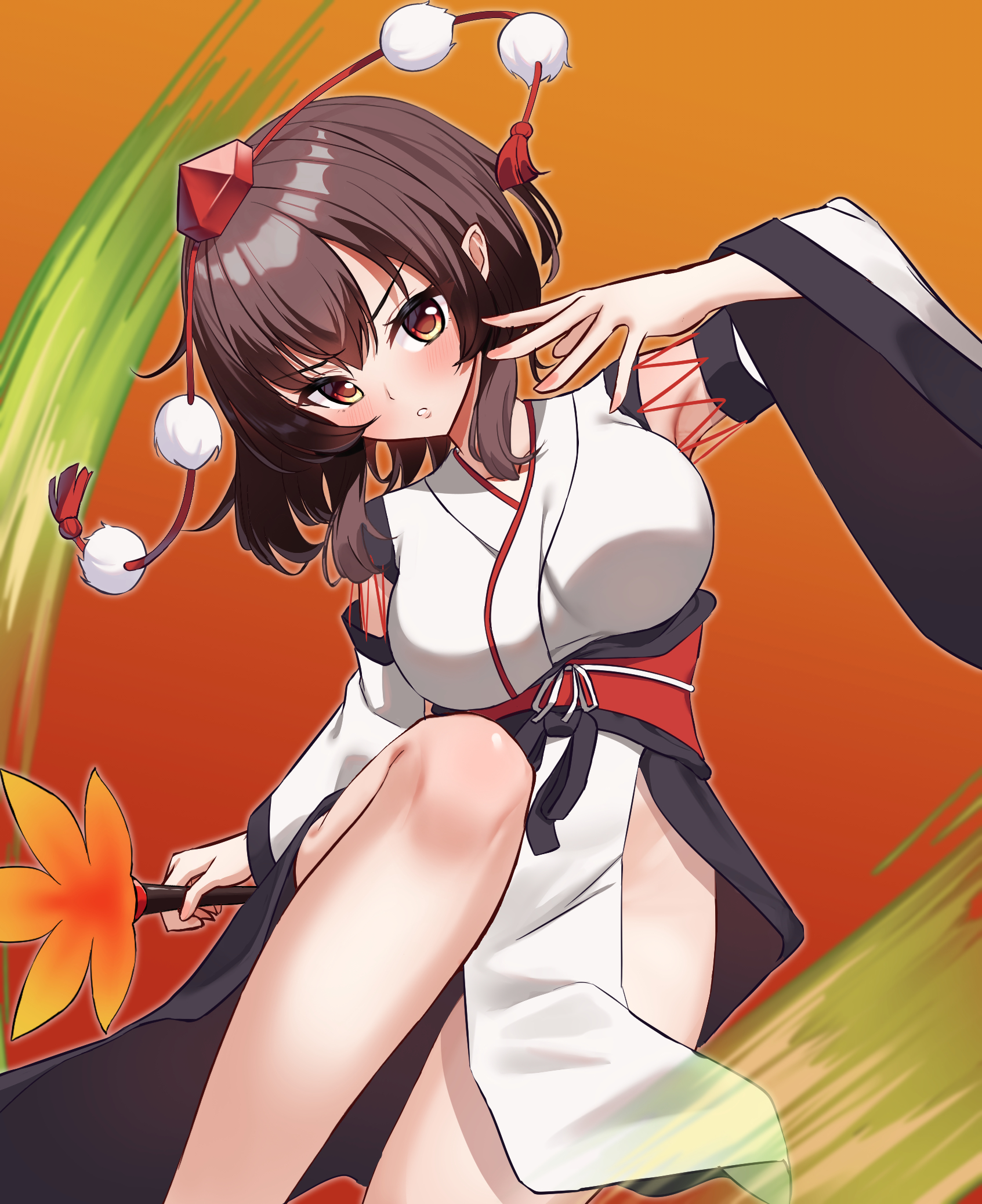 ambasa, shameimaru aya, touhou, highres, 1girl, breasts, brown eyes, brown hair, detached sleeves, frown, hat, hauchiwa, japanese clothes, kimono, kourindou tengu costume, large breasts, looking at viewer, no panties, pelvic curtain, tokin hat, white kimono