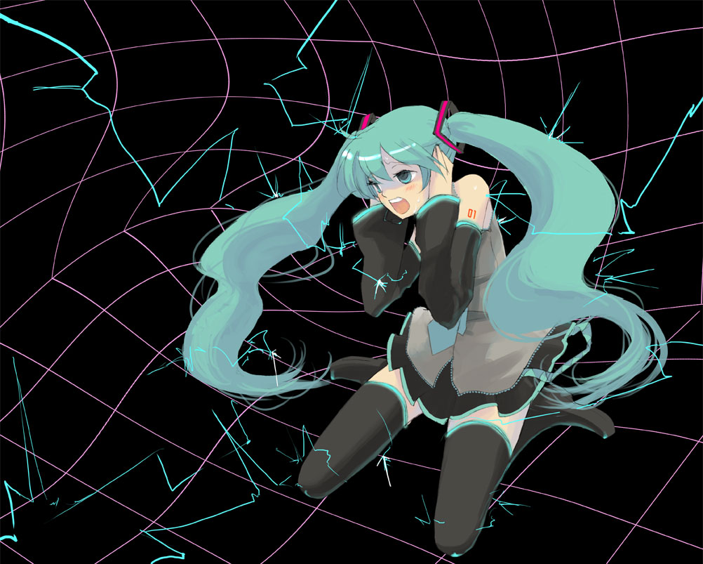 eeyasu, hatsune miku, vocaloid, bad id, bad pixiv id, blue eyes, blue hair, boots, detached sleeves, solo, thigh boots, thighhighs, twintails
