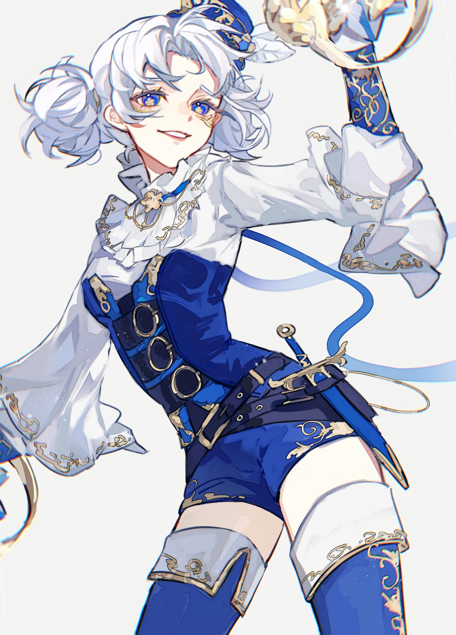 haruka (rsyaooooo), lily barriere, identity v, absurdres, highres, 1girl, belt, black belt, blue corset, blue eyes, blue hat, blue shorts, boots, corset, flower-shaped pupils, frilled shirt collar, frills, gold trim, hat, looking at viewer, multiple belts, official alternate costume, red lips, shirt, short twintails, shorts, smile, symbol-shaped pupils, thigh boots, twintails, white hair, white shirt, wide sleeves