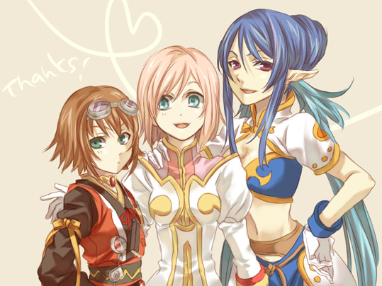 miho (mi), estellise sidos heurassein, judith (tales), rita mordio, tales of (series), tales of vesperia, 00s, 3girls, blue hair, bob cut, brown hair, choker, gloves, goggles, green eyes, heart, heart of string, midriff, multiple girls, pink hair, pointy ears, purple eyes, short hair, smile