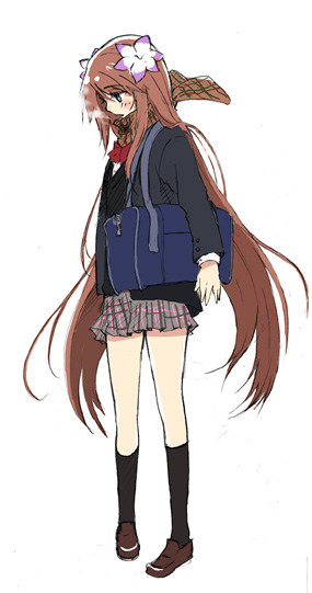 marta lualdi, tales of (series), tales of symphonia, tales of symphonia: dawn of the new world, 00s, bag, blue eyes, brown hair, flower, hair flower, hair ornament, long hair, scarf, school uniform, solo, very long hair