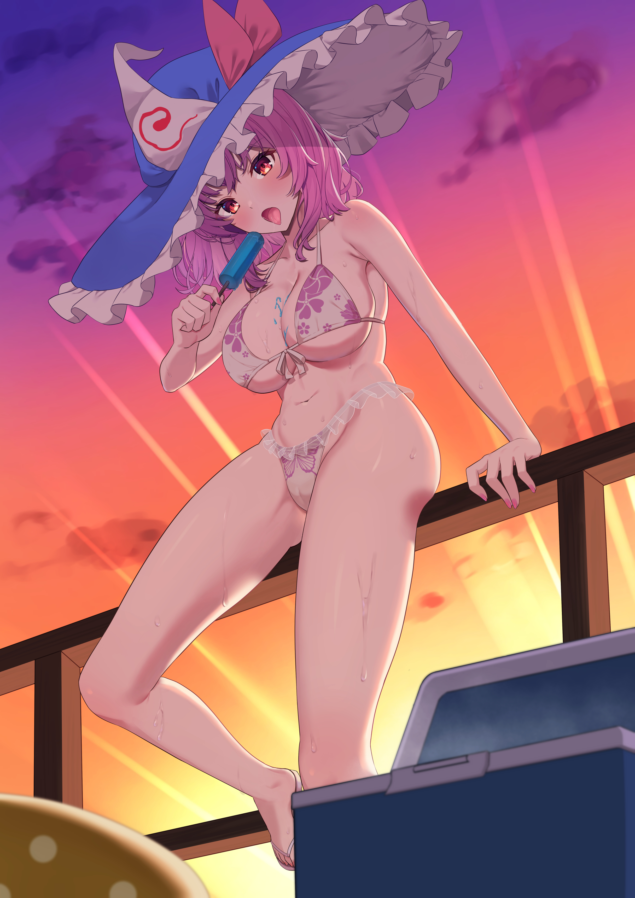 ambasa, saigyouji yuyuko, touhou, absurdres, highres, 1girl, against railing, alternate headwear, bikini, blue hat, breasts, floral print, floral print bikini, food, gradient sky, hat, large breasts, medium hair, open mouth, outdoors, pink hair, popsicle, print bikini, railing, red eyes, sky, solo, sunset, swimsuit, white bikini, wide brim