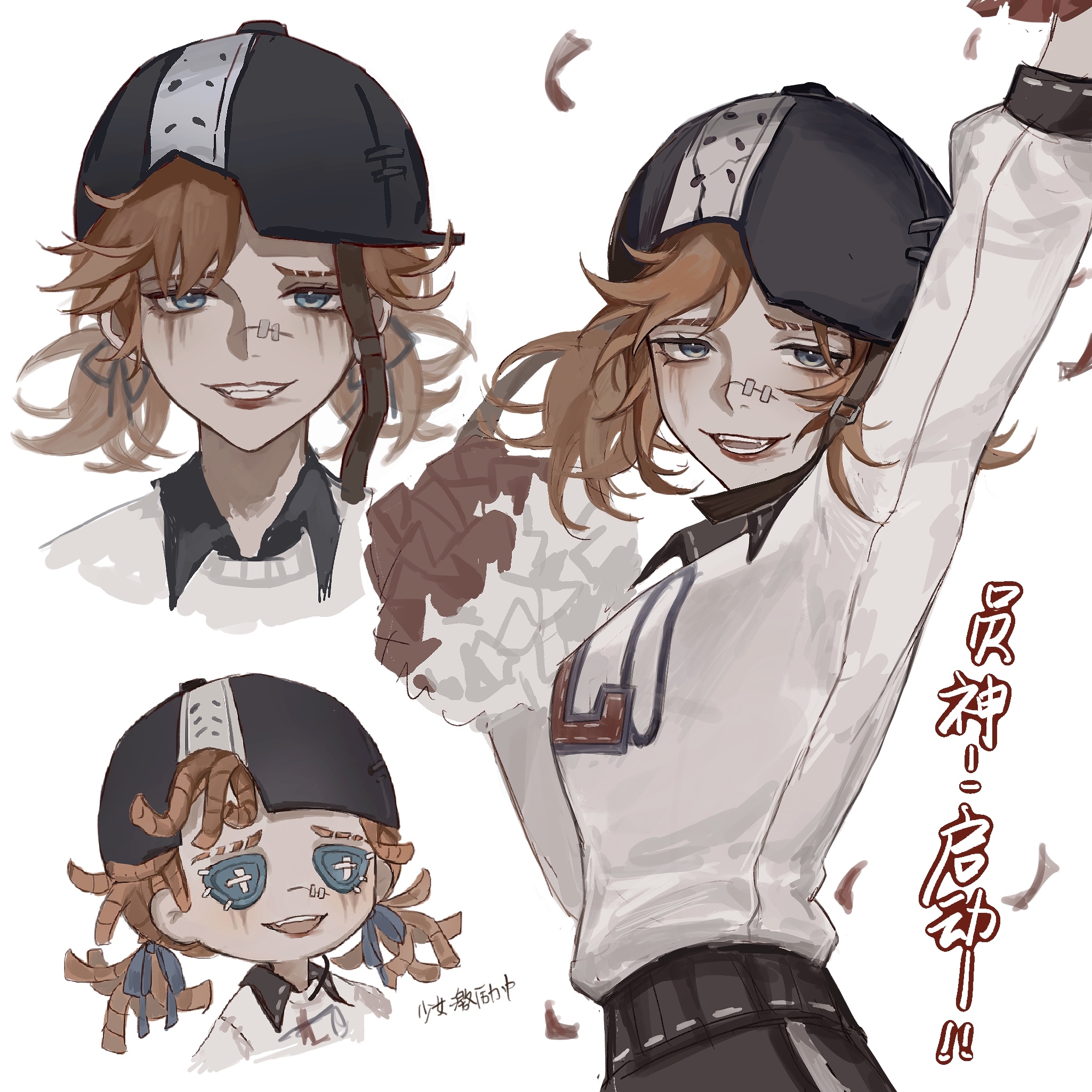 lily barriere, identity v, highres, 1girl, arm up, backwards hat, black shirt, blue ribbon, duidileimeiyoudikangli, fang, fangs, grin, hat, lipstick, looking at viewer, makeup, orange hair, pom pom (cheerleading), red lips, ribbon, runny makeup, scar, scar on face, shirt, short twintails, smeared lipstick, smile, sweater, twintails, white sweater