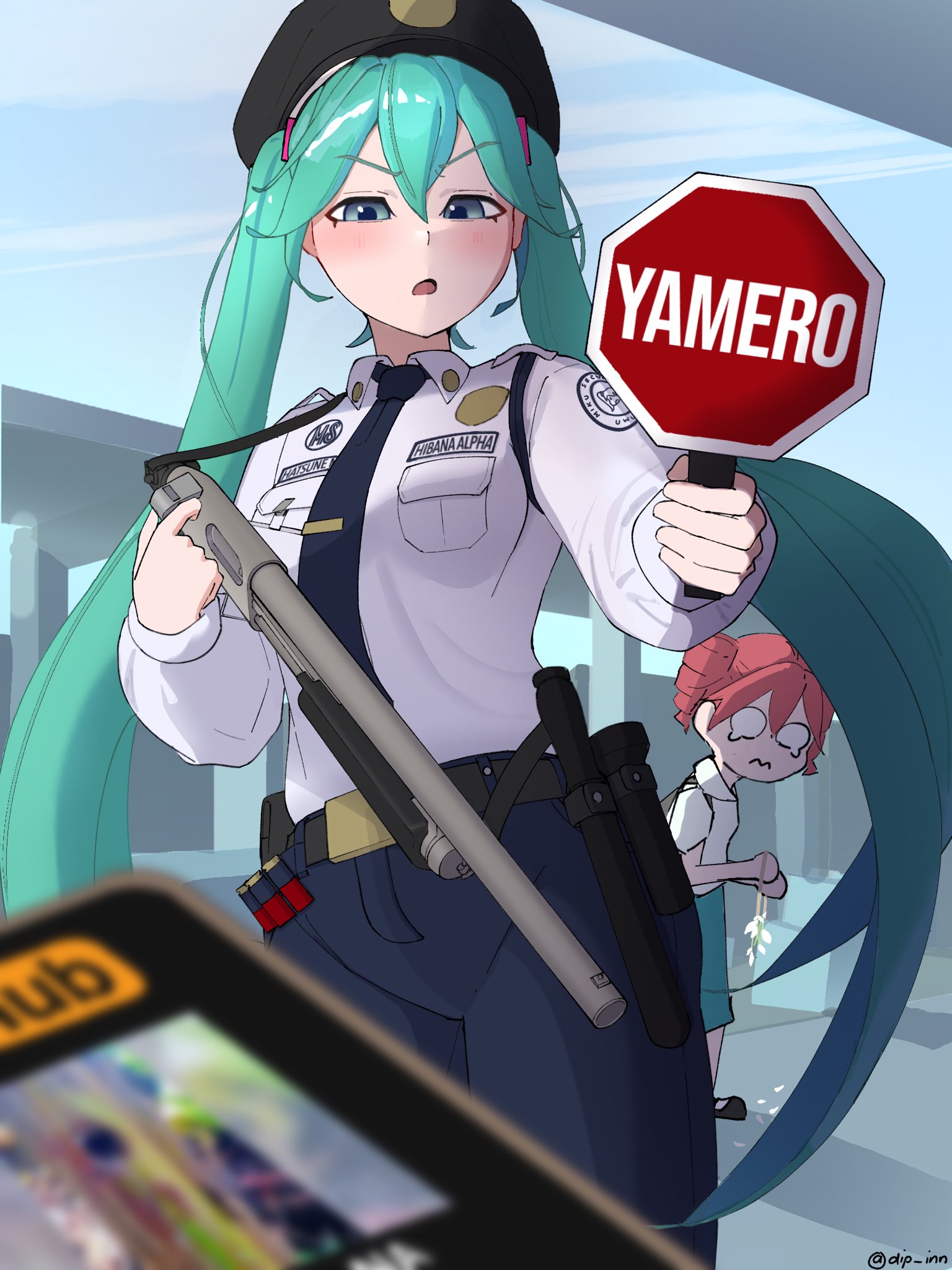 hatsune miku, kasane teto, pornhub, utau, vocaloid, highres, ammunition pouch, artist name, baton (weapon), blue eyes, blue hair, cellphone, dip inn, gun, holding, holding phone, holding road sign, holding sign, philippines, phone, pouch, red hair, road sign, school uniform, security guard, shirt, shotgun, sign, stop sign, twintails, weapon, white shirt