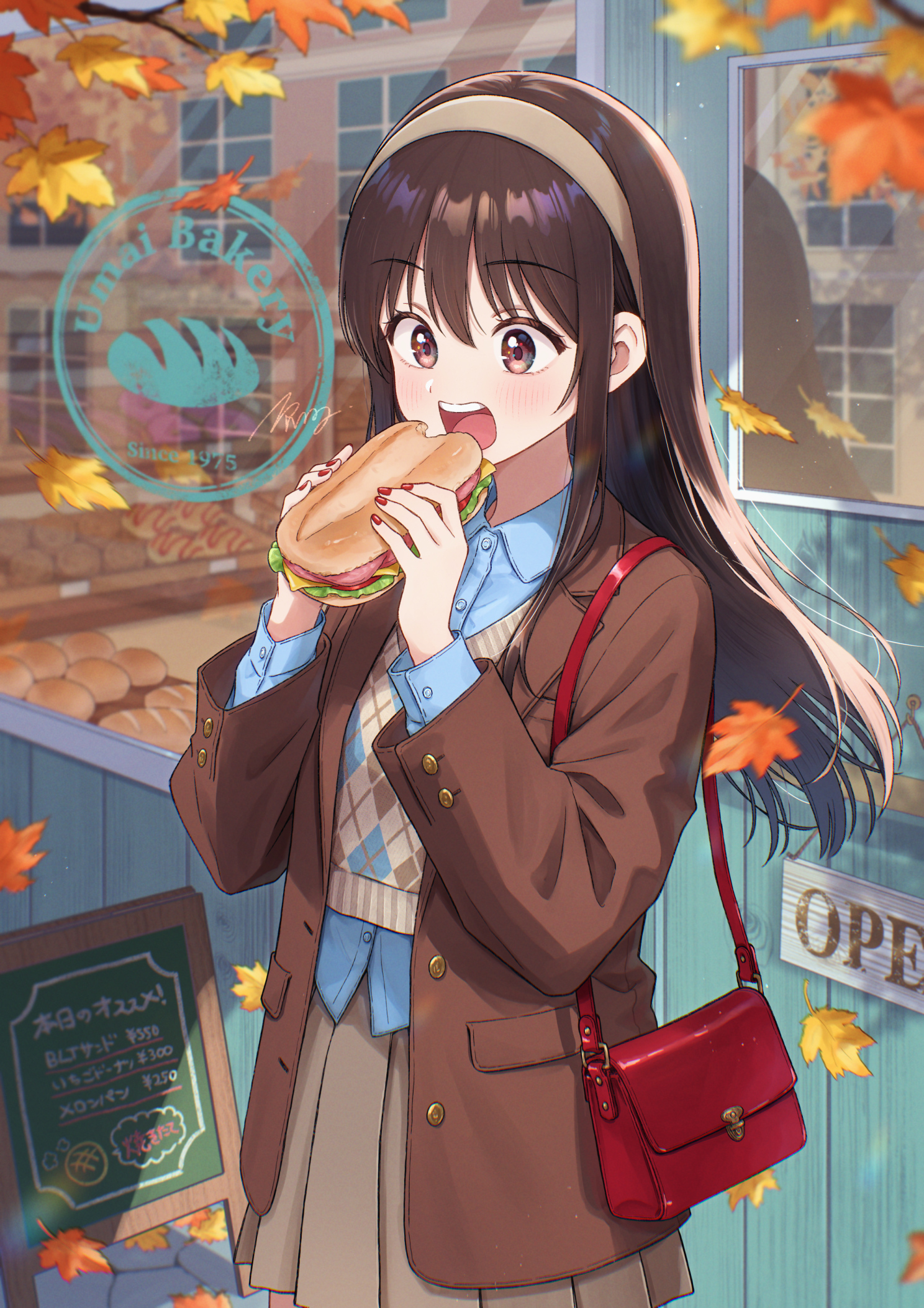 isshokuitaru, commentary request, highres, 1girl, aisaka youko, autumn, bag, bakery, blue shirt, blush, branch, breasts, brown eyes, brown hair, brown jacket, brown skirt, buttons, collared jacket, collared shirt, door, eating, falling leaves, food, hairband, handbag, holding, holding food, jacket, kimoota idol yarutteyo, leaf, long sleeves, looking at food, nail polish, open clothes, open jacket, open mouth, open sign, outdoors, plaid clothes, plaid sweater vest, pleated skirt, red bag, red nails, reflection, sandwich, shirt, shop, sign, skirt, small breasts, solo, straight hair, sweater vest, teeth, upper teeth only, window
