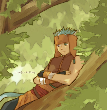 ranulf (fire emblem), fire emblem, fire emblem: path of radiance, fire emblem: radiant dawn, nintendo, lowres, 1boy, animal ears, blue hair, crossed arms, earflap hat, fingerless gloves, gloves, headband, heterochromia, in tree, lying, male focus, on side, sash, sleeveless, smile, solo, tail, tree