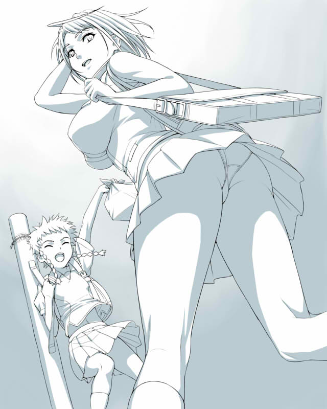 nigou, minagi mikoto, tokiha mai, my-hime, 00s, 2girls, ass, braid, breasts, female focus, gradient background, grey background, monochrome, multiple girls, panties, school uniform, short hair, standing, twin braids, underwear, upskirt