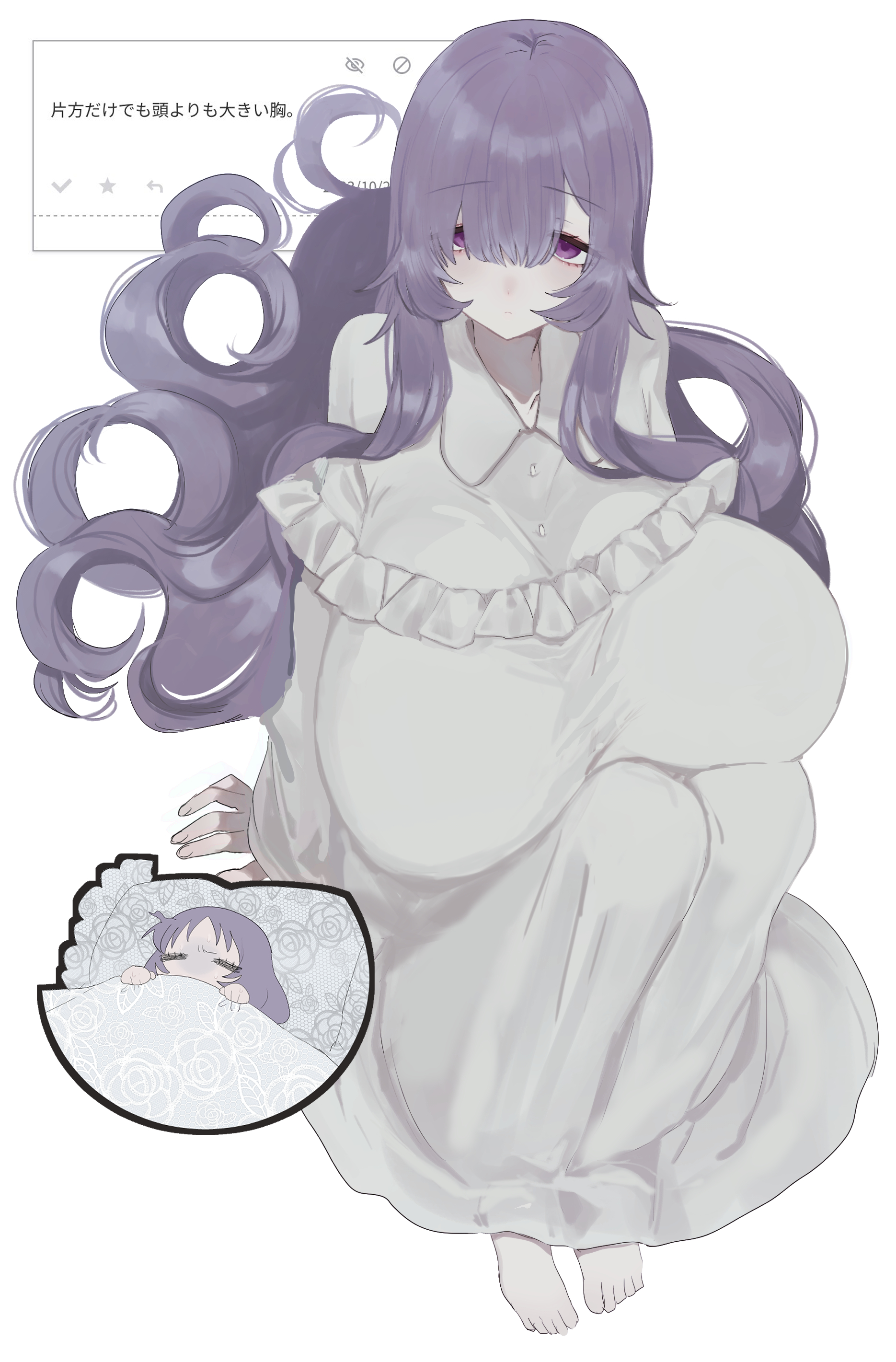 eurasia (wtp09ptw14), francoise (eurasia), original, absurdres, commentary request, highres, 1girl, barefoot, breasts, closed mouth, collared dress, dress, full body, grey dress, hair between eyes, huge breasts, long bangs, long hair, looking at viewer, multiple views, purple eyes, purple hair, request inset, simple background, solo focus, white background