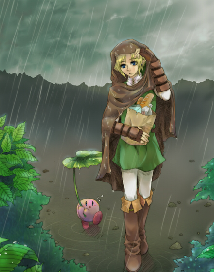 kirby, link, kirby (series), nintendo, super smash bros., the legend of zelda, 1boy, bag, blonde hair, blue eyes, bread, food, gloves, groceries, male focus, paper bag, rain, robe, solo