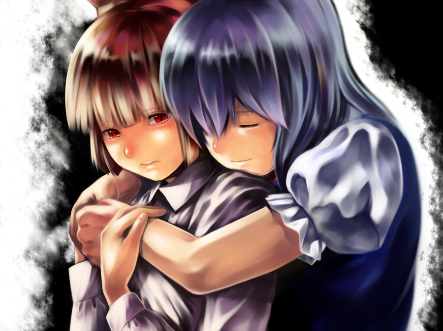 inuzuka bouru, fujiwara no mokou, kamishirasawa keine, touhou, bad id, bad pixiv id, 2girls, closed eyes, female focus, hug, hug from behind, multiple girls, tears