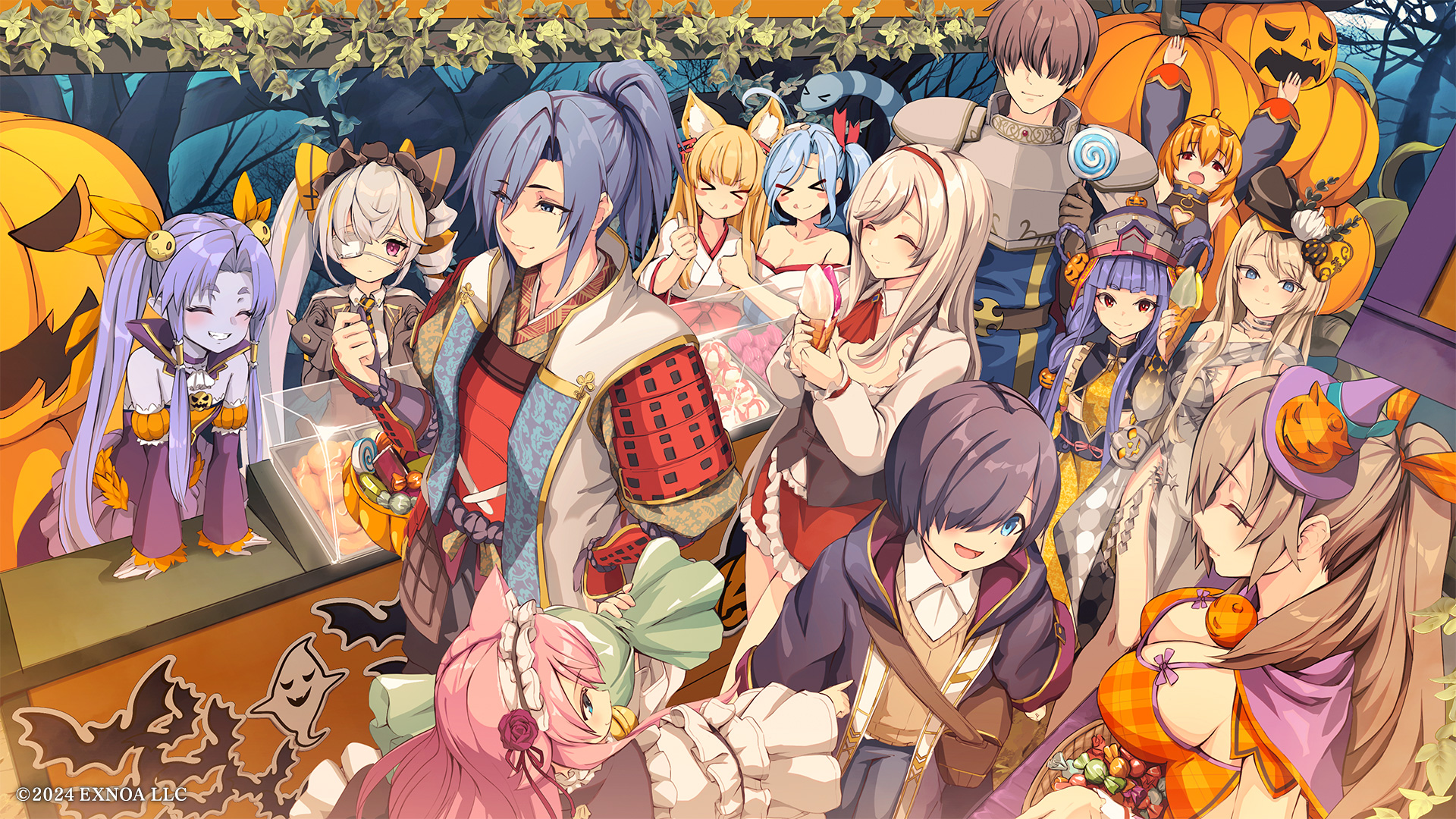 dmm, lord (oshiro project), master (monmusu td), prince (sennen sensou aigis), vivi vache (monmusu td), monster musume td, oshiro project:re, sennen sensou aigis, highres, official art, > <, 3boys, 6+girls, arms up, black hair, blonde hair, blue eyes, blue hair, blush, breasts, brown hair, candy, cleavage, colored skin, crepe, eyepatch, food, hair over eyes, hair over one eye, halloween, holding, holding crepe, holding food, japanese clothes, miko, multiple boys, multiple girls, orange hair, pumpkin, purple hair, red eyes, smile, teeth, white hair