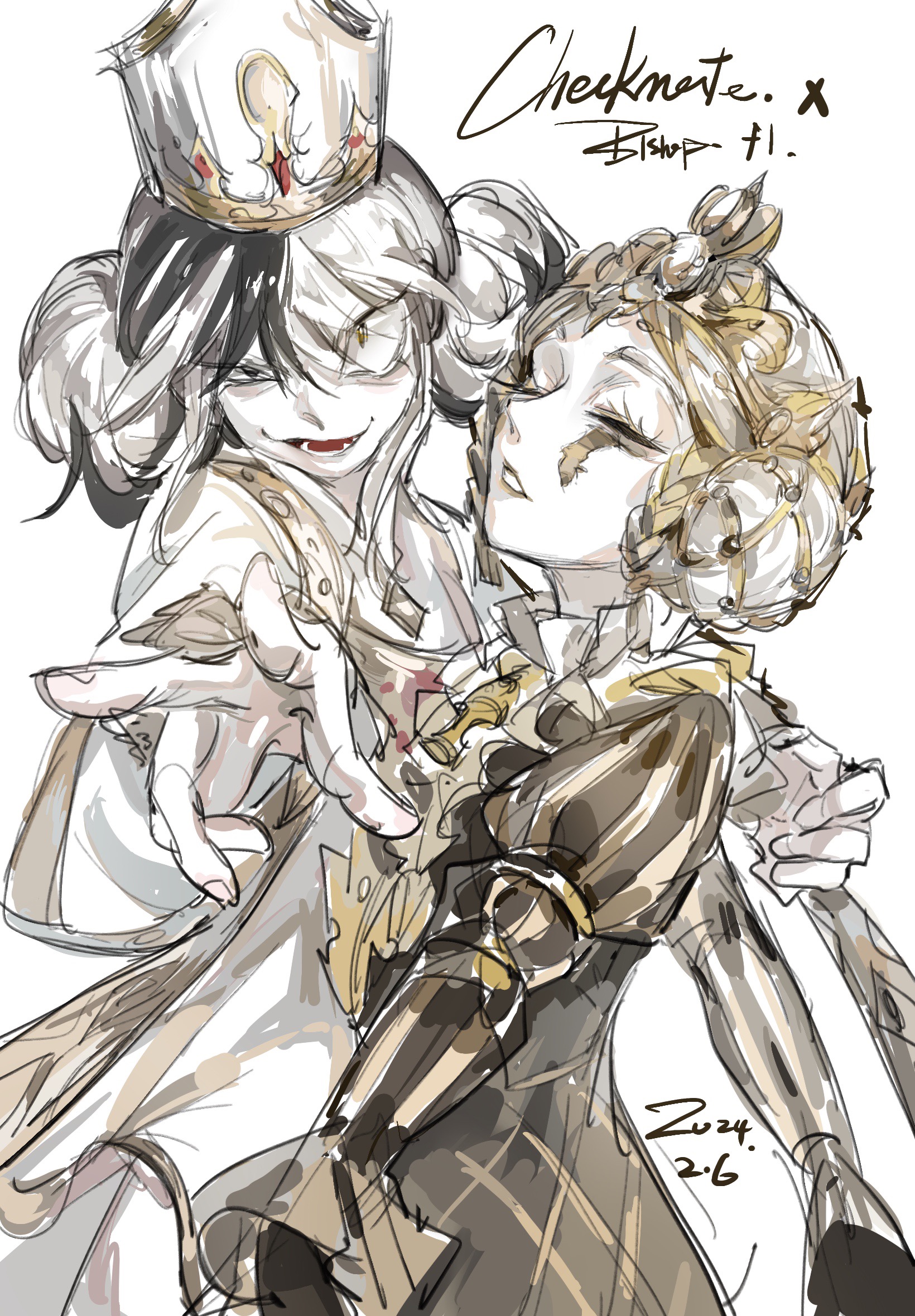 baydee, galatea (identity v), lily barriere, identity v, highres, 2girls, black hair, character name, closed eyes, crown, dated, galatea (checkmate) (identity v), half-closed eye, lily barriere (bishop), looking at viewer, makeup, medium hair, multicolored hair, multiple girls, pale skin, puffy sleeves, short twintails, twintails, two-tone hair, v, white hair, yellow lips