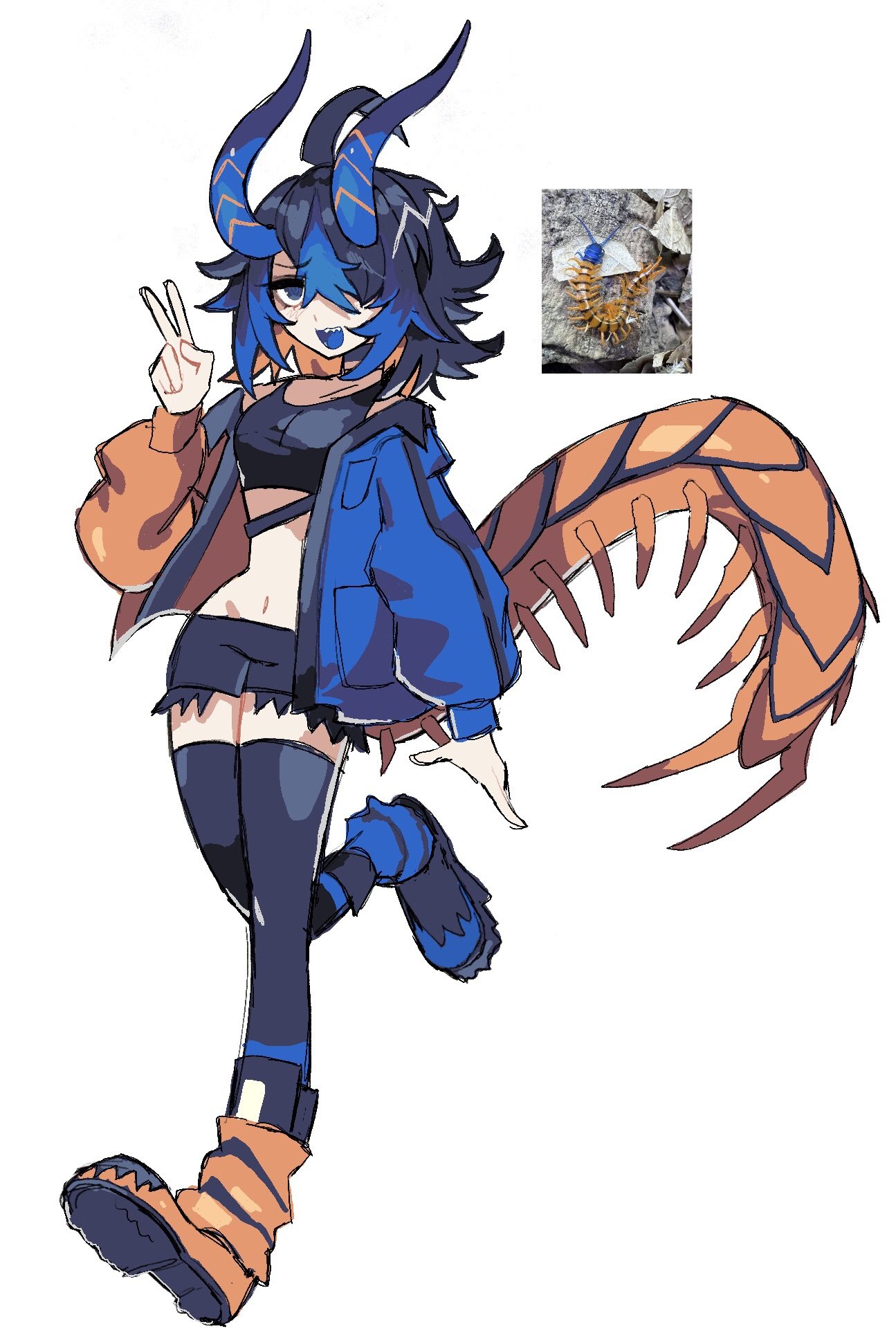 jellychuz, original, commentary, english commentary, highres, 1girl, antennae, arthropod girl, arthropod tail, black hair, black shorts, black thighhighs, blue eyes, blue hair, blue jacket, blue tongue, boots, bug, centipede, colored inner hair, colored tips, colored tongue, full body, hair over one eye, jacket, multicolored hair, orange hair, orange jacket, sharp teeth, short hair, shorts, simple background, solo, sports bra, teeth, thighhighs, v, white background