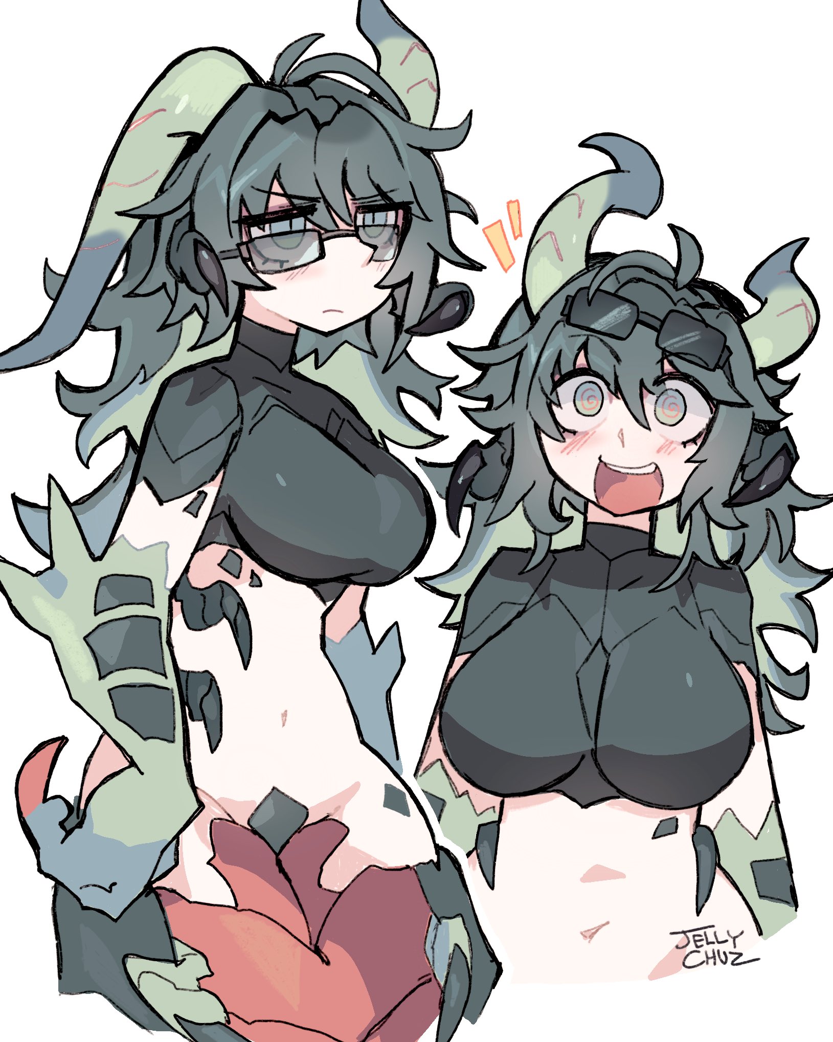 jellychuz, original, commentary, english commentary, highres, 1boy, @ @, animal hands, antennae, arthropod girl, arthropod limbs, breasts, centipede girl, claws, colored inner hair, eyewear on head, glasses, green eyes, green hair, large breasts, long hair, male focus, mandibles, monster girl, multicolored hair, multiple views, simple background, slit pupils, white background