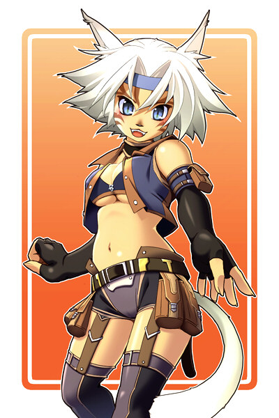 katy (artist), mithra (ff11), thief (final fantasy), final fantasy, final fantasy xi, 00s, 1girl, animal ears, blue eyes, breasts, elbow gloves, female focus, garter belt, gloves, headband, short hair, shorts, solo, tail, thighhighs, underboob, white hair