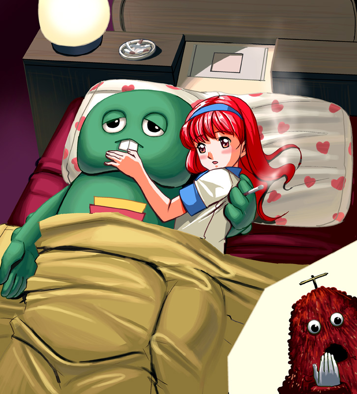 kouno (masao), fujisaki shiori, gachapin, mukku, hirake! ponkikki, tokimeki memorial, tokimeki memorial 1, bad id, bad pixiv id, photoshop (medium), 1boy, 1girl, 1other, :o, afterglow, ashtray, bed, blanket, blue hairband, blush, buck teeth, cigarette, cigarette butt, creature, crossover, from above, hairband, hotel room, hug, indoors, kirameki high school uniform, lamp, long hair, pillow, pink eyes, pink hair, red hair, school uniform, serafuku, smoking, surprised, teeth, walk-in, what