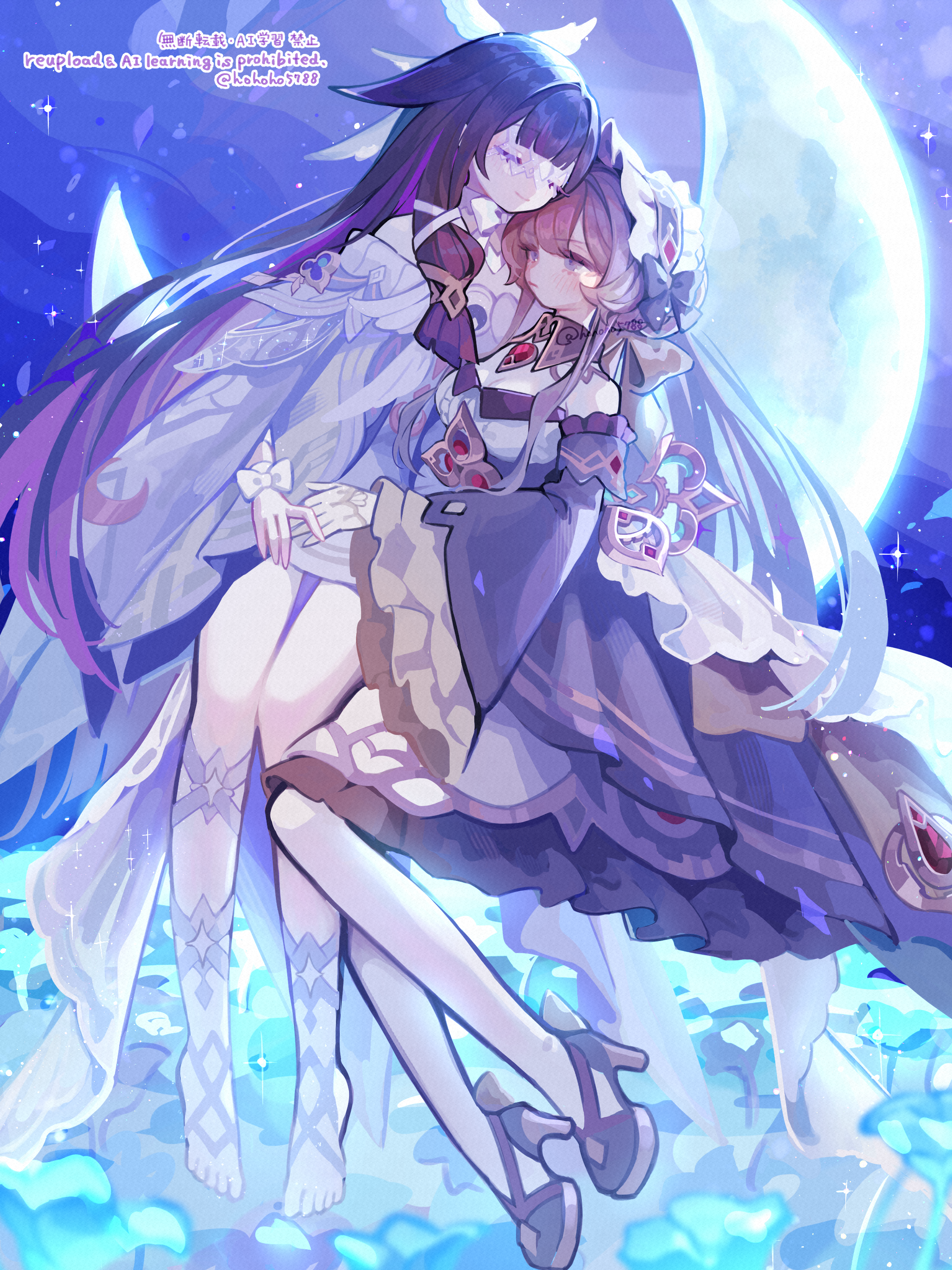 poponnu, columbina (genshin impact), sandrone (genshin impact), genshin impact, absurdres, highres, 2girls, bare shoulders, black collar, black dress, black hair, black sleeves, blue eyes, brown hair, closed eyes, collar, detached collar, detached sleeves, dress, eye mask, feathered wings, full body, head wings, high heels, long hair, long sleeves, moon, multicolored hair, multiple girls, pantyhose, pink hair, short hair with long locks, white dress, white headdress, white pantyhose, white wings, wide sleeves, wings