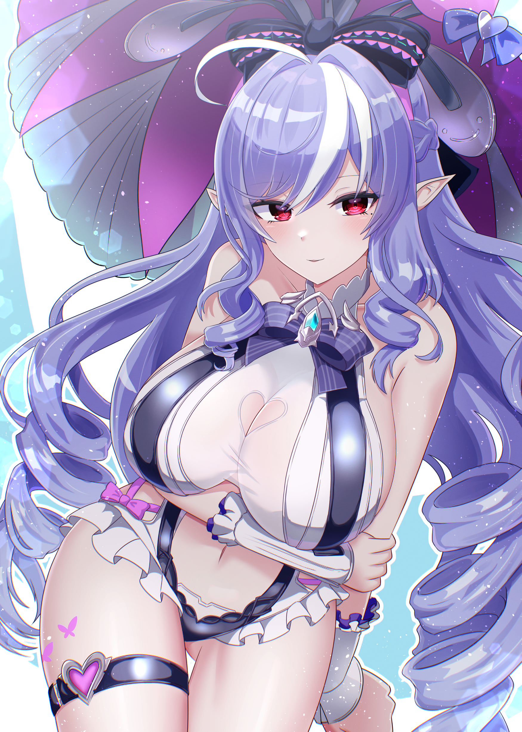 amamiya kure, vivian banshee, vivian banshee (iris of the shore), zenless zone zero, absurdres, highres, 1girl, bare shoulders, blush, bow, breasts, large breasts, long hair, looking at viewer, navel, pointy ears, purple bow, purple hair, red eyes, solo, swimsuit, umbrella