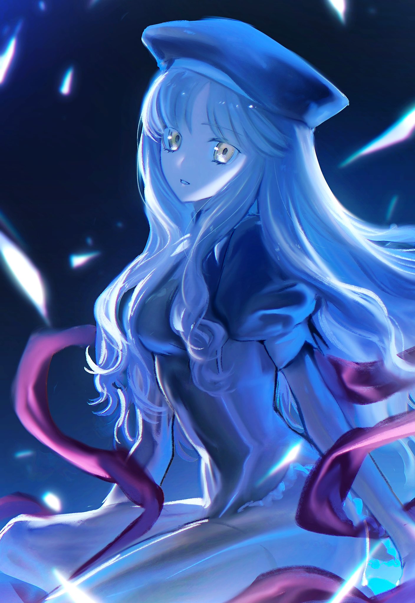 y das a r, caren hortensia, fate/hollow ataraxia, fate (series), highres, 1girl, beret, black pantyhose, breasts, hat, long hair, long sleeves, looking at viewer, medium breasts, pantyhose, puffy sleeves, shroud of magdalene, solo, thighhighs, thighs, wavy hair, white hair, yellow eyes
