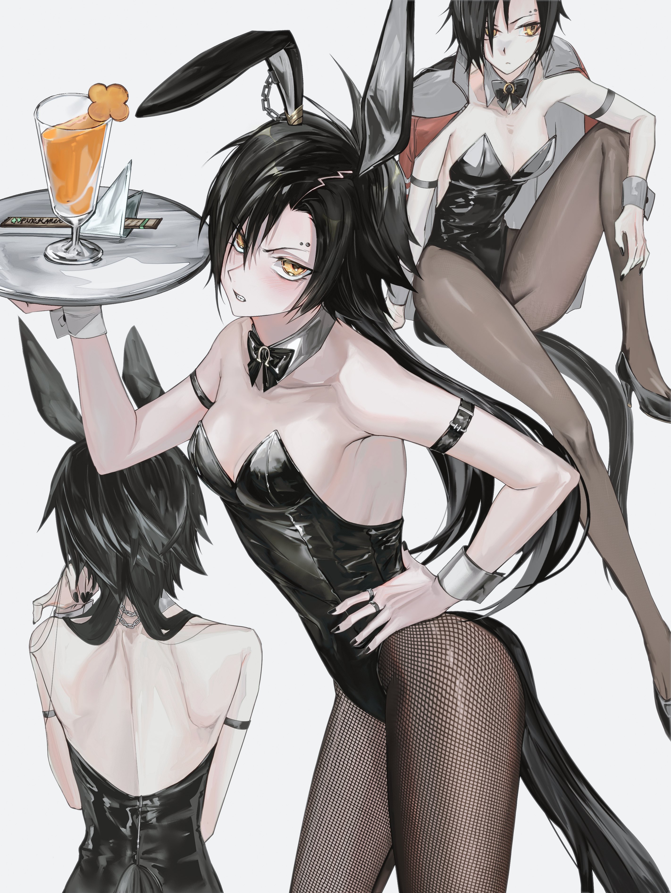 air shakur (umamusume), umamusume, absurdres, commentary request, highres, 1girl, alternate costume, back, black bow, black bowtie, black hair, black leotard, black nails, black pantyhose, blush, bow, bowtie, breasts, clenched teeth, closed mouth, cup, drink, eyebrow piercing, face piercing, hand on own hip, jacket, jacket on shoulders, jewelry, leotard, multiple views, pantyhose, piercing, ring, strapless, teeth, tray, white wrist cuffs, wrist cuffs, yellow eyes, yuyu ilst