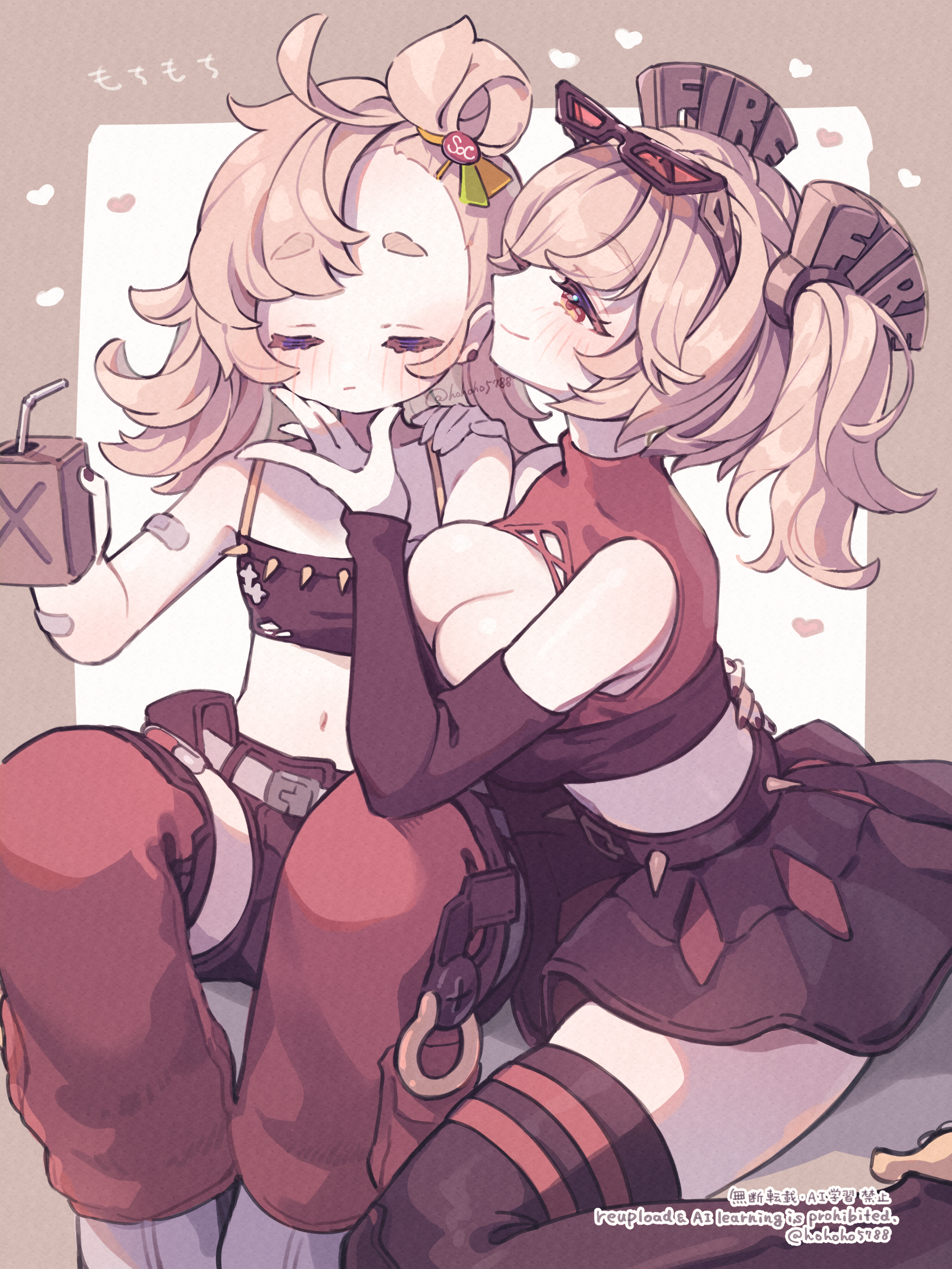 poponnu, burnice white, piper wheel, zenless zone zero, absurdres, commentary request, highres, 2girls, bandaid, bandaid on arm, belt, black boots, black nails, black shorts, black skirt, black sleeves, black tube top, blonde hair, blush, boots, border, breasts, brown border, closed eyes, closed mouth, crop top, detached pants, detached sleeves, drink, drinking straw, earrings, eyewear on head, hair ornament, hand on another's back, hand on another's chin, hand on another's shoulder, heart, holding, holding drink, jewelry, large breasts, looking at another, multiple girls, navel, orange pants, pants, red-tinted eyewear, red eyes, shoes, short eyebrows, short twintails, shorts, sitting, skirt, spiked belt, spiked shirt, stomach, strapless, sunglasses, thick eyebrows, tinted eyewear, tube top, twintails, twitter username, wariza, white background, white shoes, yuri