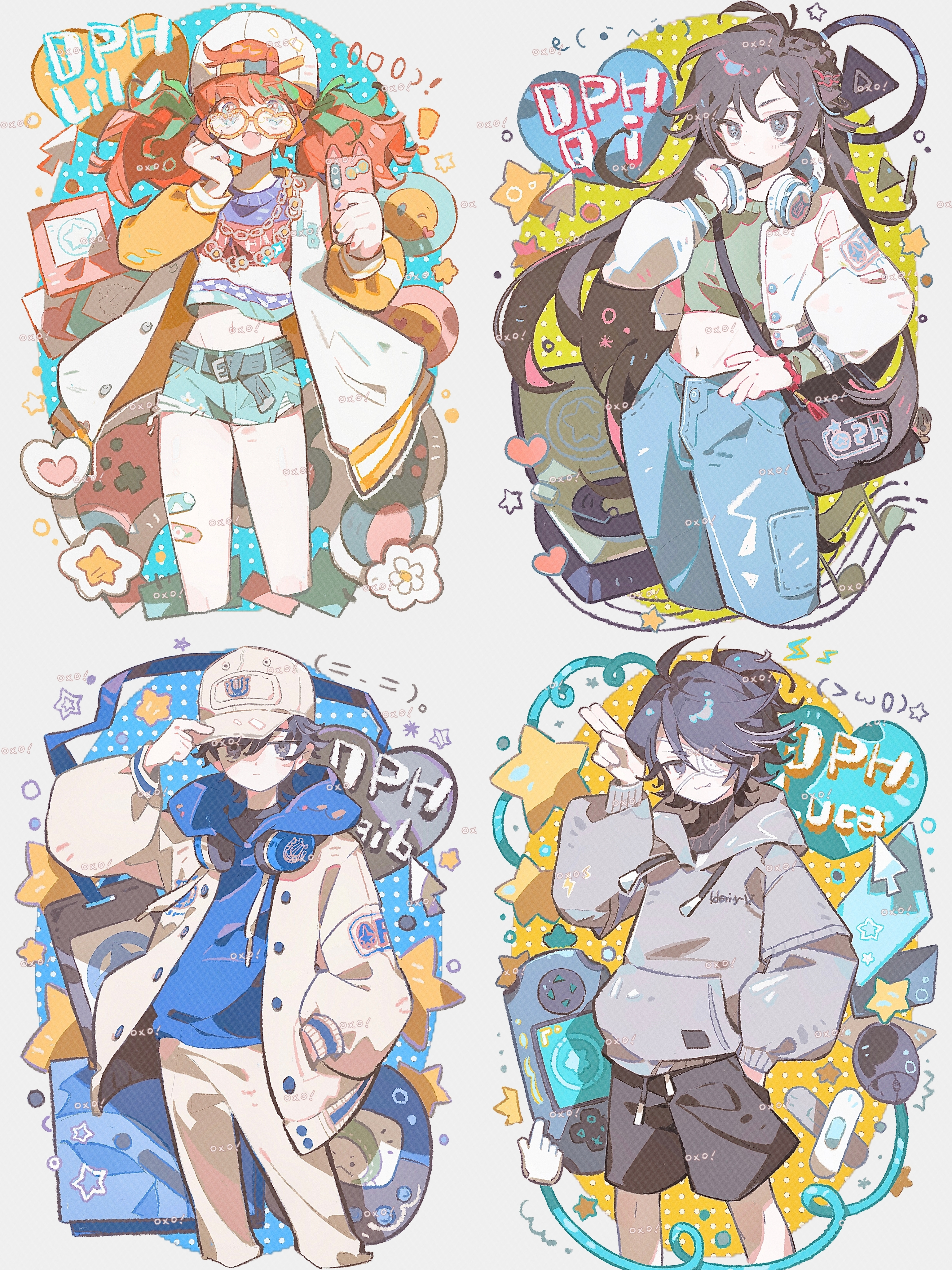 lily barriere, luca balsa, luca balsa (oph.luca), naib subedar, qi shiyi, identity v, absurdres, highres, 2boys, 2girls, :3, :d, backwards hat, bandaid on thigh, baseball cap, belt, black belt, black eyes, black hair, black shorts, blue eyes, blue hoodie, brown hair, character name, crop top, cropped jacket, denim, denim shorts, eyepatch, fang, frown, green ribbon, green shirt, grey hoodie, hand on headwear, hat, hood, hoodie, jacket, jeans, lily barriere (oph.lily), looking at viewer, multicolored jacket, multicolored nails, multiple boys, multiple girls, naib subedar (oph.naib), open mouth, orange hair, pants, qi shiyi (oph.qi), ribbon, shirt, shorts, smile, watermark, white hat, white jacket, xinjinjumin5338038