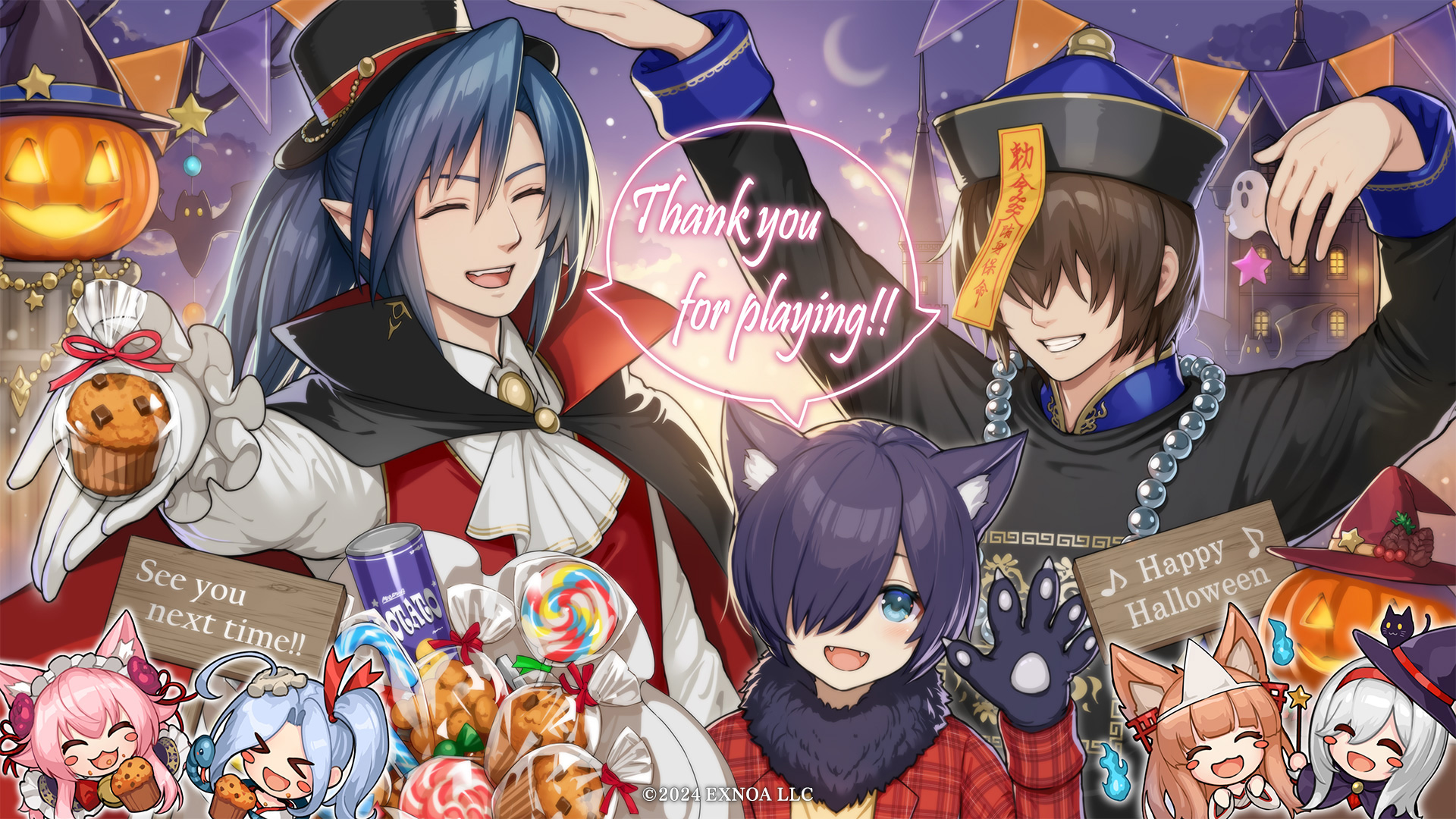 dmm, lord (oshiro project), master (monmusu td), prince (sennen sensou aigis), vivi vache (monmusu td), monster musume td, oshiro project:re, sennen sensou aigis, highres, official art, > <, 3boys, 4girls, animal ears, animal hands, blue eyes, blue hair, cat, cat ears, cat paws, closed eyes, food, fox ears, hair over eyes, hair over one eye, halloween, halloween costume, happy halloween, hat, looking at viewer, muffin, multiple boys, multiple girls, night, open mouth, orange hair, pointy ears, pumpkin, smile, teeth, thank you, white hair, witch hat