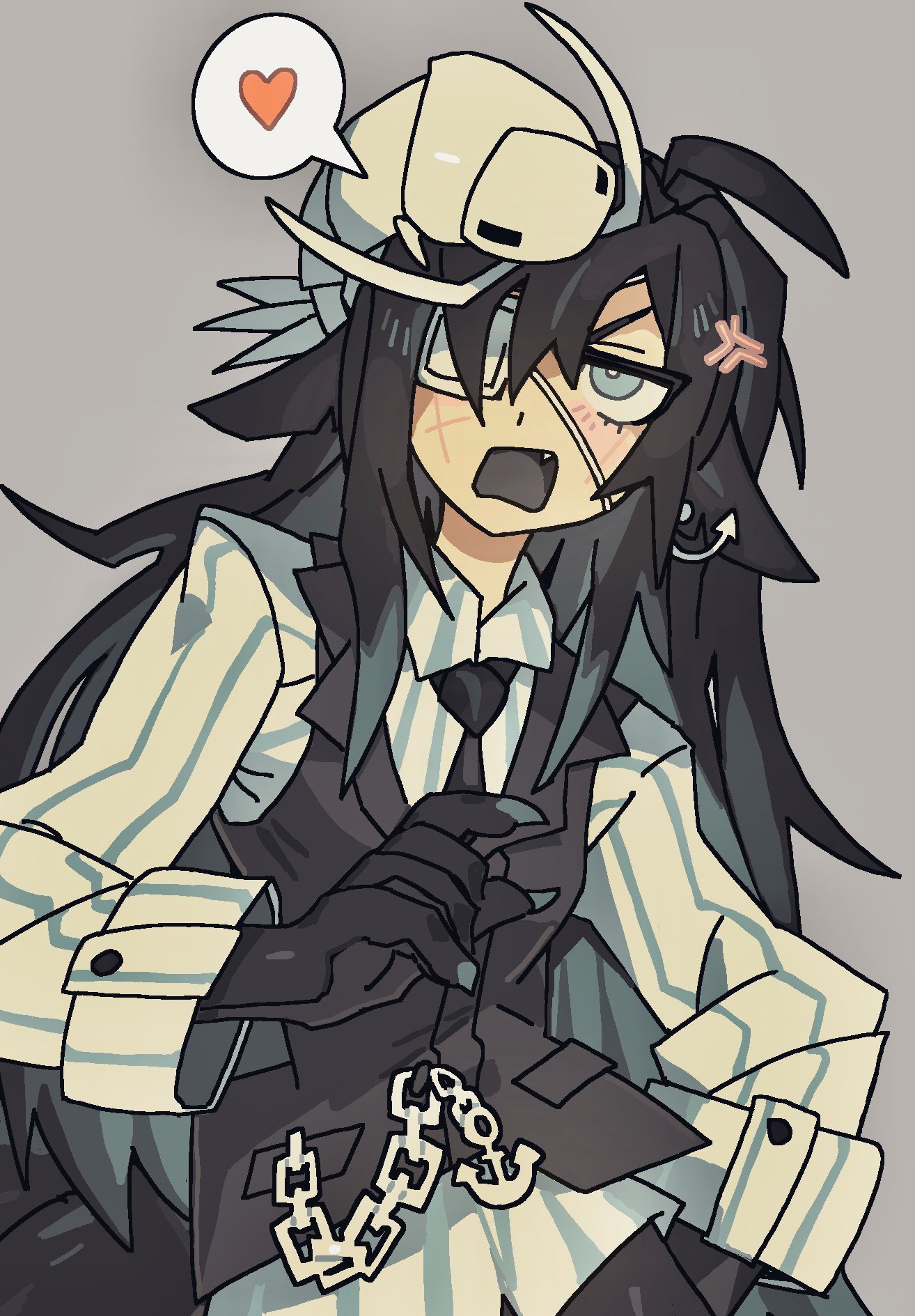 jellychuz, original, commentary, english commentary, highres, 1girl, animal ears, animal hands, black hair, black necktie, black vest, blue background, blue eyes, claws, colored inner hair, ear piercing, eyepatch, fang, grey background, grey tongue, long hair, medical eyepatch, monster girl, multicolored hair, necktie, piercing, scar, scar on face, shirt, simple background, solo, striped clothes, striped shirt, tail, upper body, very long hair, vest