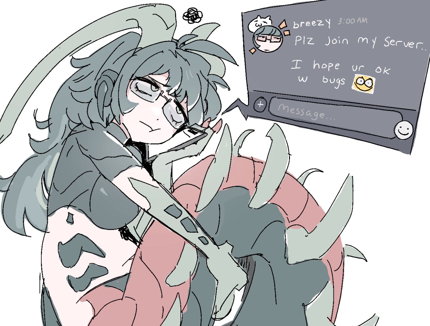 jellychuz, discord, original, commentary, english commentary, 1girl, :t, antennae, arthropod girl, arthropod limbs, arthropod tail, cellphone, english text, glasses, green eyes, green hair, holding, holding phone, long hair, monster girl, phone, simple background, sitting, smartphone, text messaging, white background