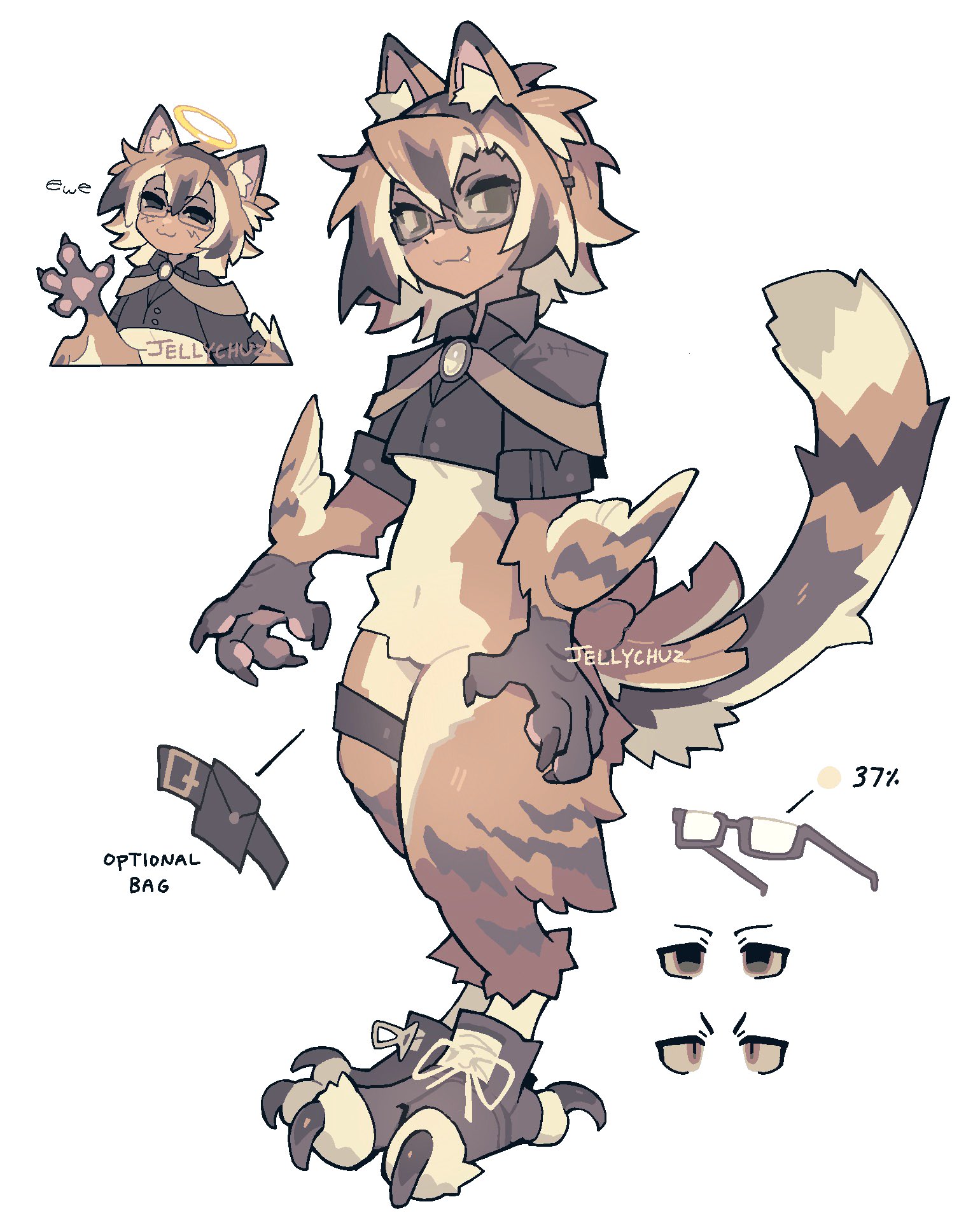 jellychuz, original, commentary, english commentary, highres, 1girl, :3, animal ears, animal feet, animal hands, bird girl, bird legs, black shirt, blonde hair, body fur, breasts, brown eyes, brown fur, brown hair, brown wings, cat ears, cat girl, cat tail, claws, colored inner hair, cropped shirt, dark-skinned female, dark skin, fang, fang out, feathered wings, full body, glasses, looking at viewer, monster girl, multicolored hair, pouch, reference sheet, shirt, short hair, simple background, standing, tail, talons, thigh pouch, underboob, white background, winged arms, wings