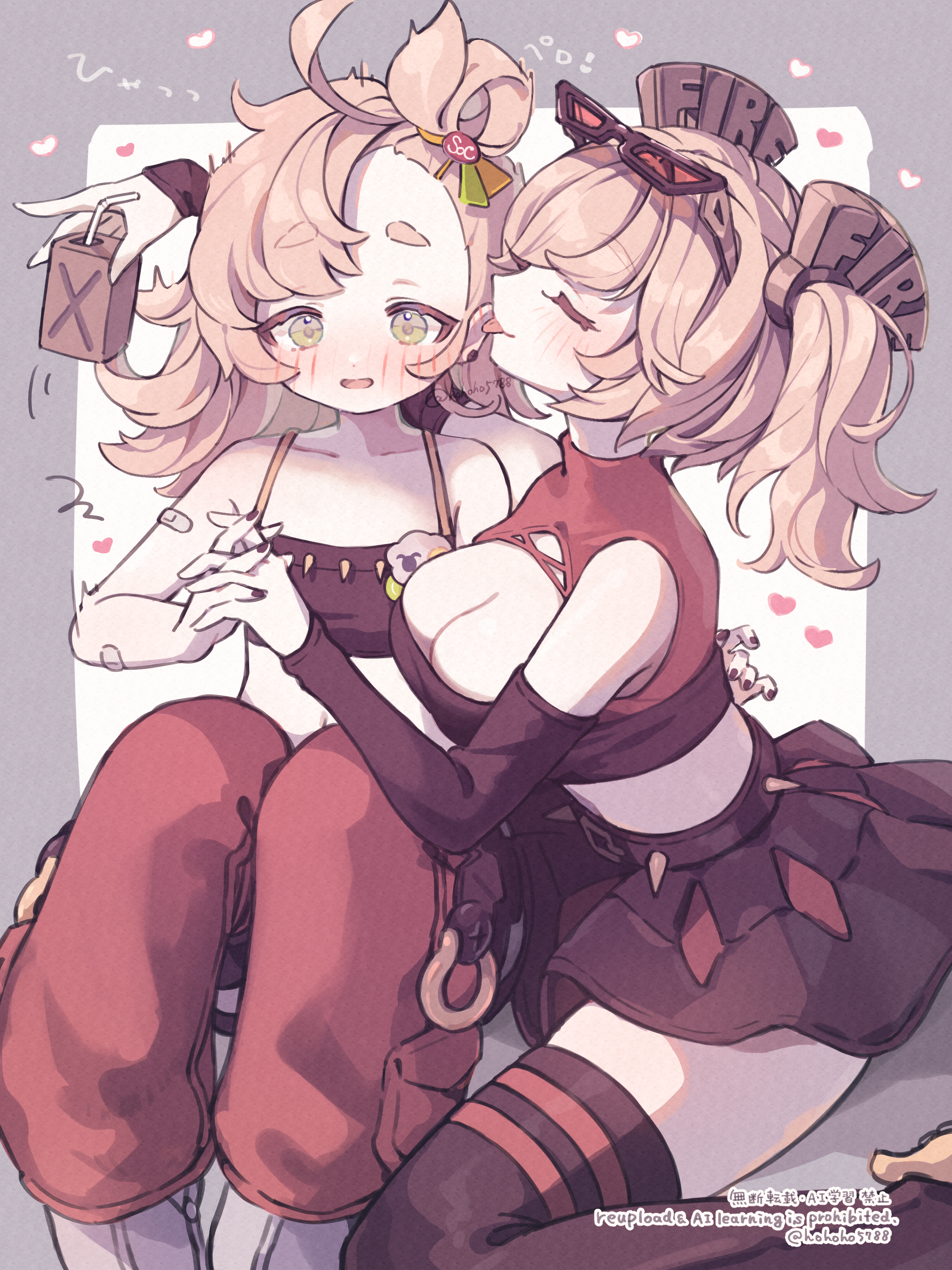 poponnu, burnice white, piper wheel, zenless zone zero, absurdres, commentary request, highres, 2girls, bandaid, bandaid on arm, belt, black boots, black nails, black shorts, black skirt, black sleeves, black tube top, blonde hair, blush, boots, border, breasts, closed eyes, crop top, detached pants, detached sleeves, drink, drinking straw, ear licking, earrings, eyewear on head, grey border, hair ornament, heart, holding, holding drink, holding hands, jewelry, large breasts, licking, multiple girls, navel, open clothes, orange pants, pants, red-tinted eyewear, red eyes, shoes, short eyebrows, short twintails, shorts, sitting, skirt, spiked belt, spiked shirt, stomach, strapless, sunglasses, thick eyebrows, tinted eyewear, tongue, tongue out, tube top, twintails, twitter username, wariza, white background, white shoes, yuri