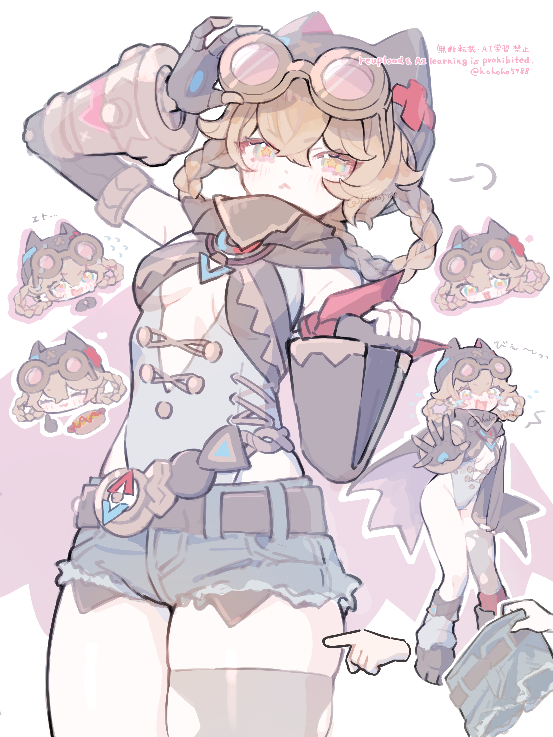 poponnu, jahoda (genshin impact), genshin impact, absurdres, highres, 1girl, adjusting eyewear, animal ear headwear, beanie, belt, black capelet, black gloves, black hat, blonde hair, blush, braid, braided hair rings, breasts, brown hair, brown thighhighs, capelet, closed mouth, compass, cowboy shot, disembodied hand, embarrassed, eyewear on head, fake animal ears, fingerless gloves, full body, gloves, goggles, goggles on head, hair between eyes, hair rings, hat, head only, highleg, highleg leotard, hot dog, leotard, leotard under clothes, looking at viewer, mechanical arms, multiple views, open mouth, pants, pink-tinted eyewear, pointing, prosthesis, prosthetic arm, short shorts, shorts, simple background, single mechanical arm, single thighhigh, skindentation, small breasts, smile, star-shaped pupils, star (symbol), symbol-shaped pupils, thick thighs, thighhighs, thighs, tinted eyewear, torn clothes, torn shorts, torn thighhighs, twin braids, unworn pants, white background, white leotard, yellow eyes