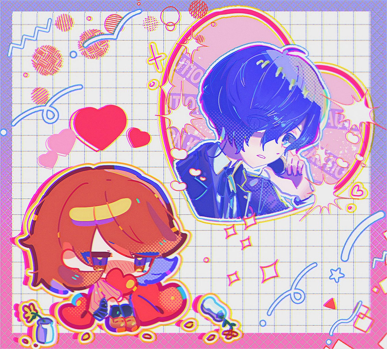 myonen yumeyum, takeba yukari, yuuki makoto (persona 3), persona, persona 3, commentary request, highres, korean commentary, 1boy, 1girl, black jacket, black skirt, black socks, blue eyes, blue hair, blush, brown eyes, brown hair, brown shoes, cardigan, caution, checkered background, collared shirt, flipped hair, flower, full body, gekkoukan high school uniform, hair over one eye, heart, holding, holding heart, jacket, knees up, long sleeves, miniskirt, neck ribbon, pink cardigan, plant, pleated skirt, potted plant, ribbed cardigan, ribbon, school uniform, shirt, shoes, short hair, sitting, skirt, socks, sparkle, star (symbol), upper body, white shirt