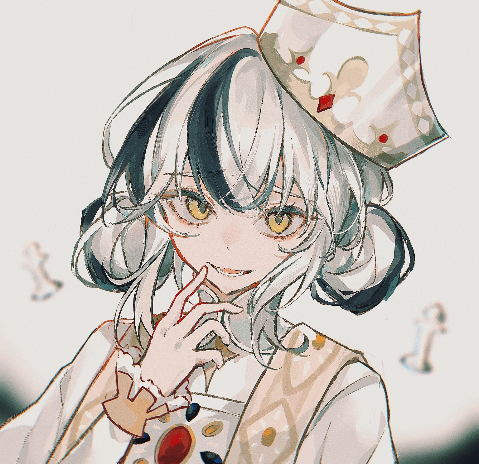 lily barriere, identity v, highres, 1girl, :d, black hair, double bun, frilled sleeves, frills, hair bun, hand on another's head, hat, high collar, lily barriere (bishop), looking at viewer, multicolored hair, open mouth, qiaojiangna, smile, two-tone hair, white hair, white hat, yellow eyes