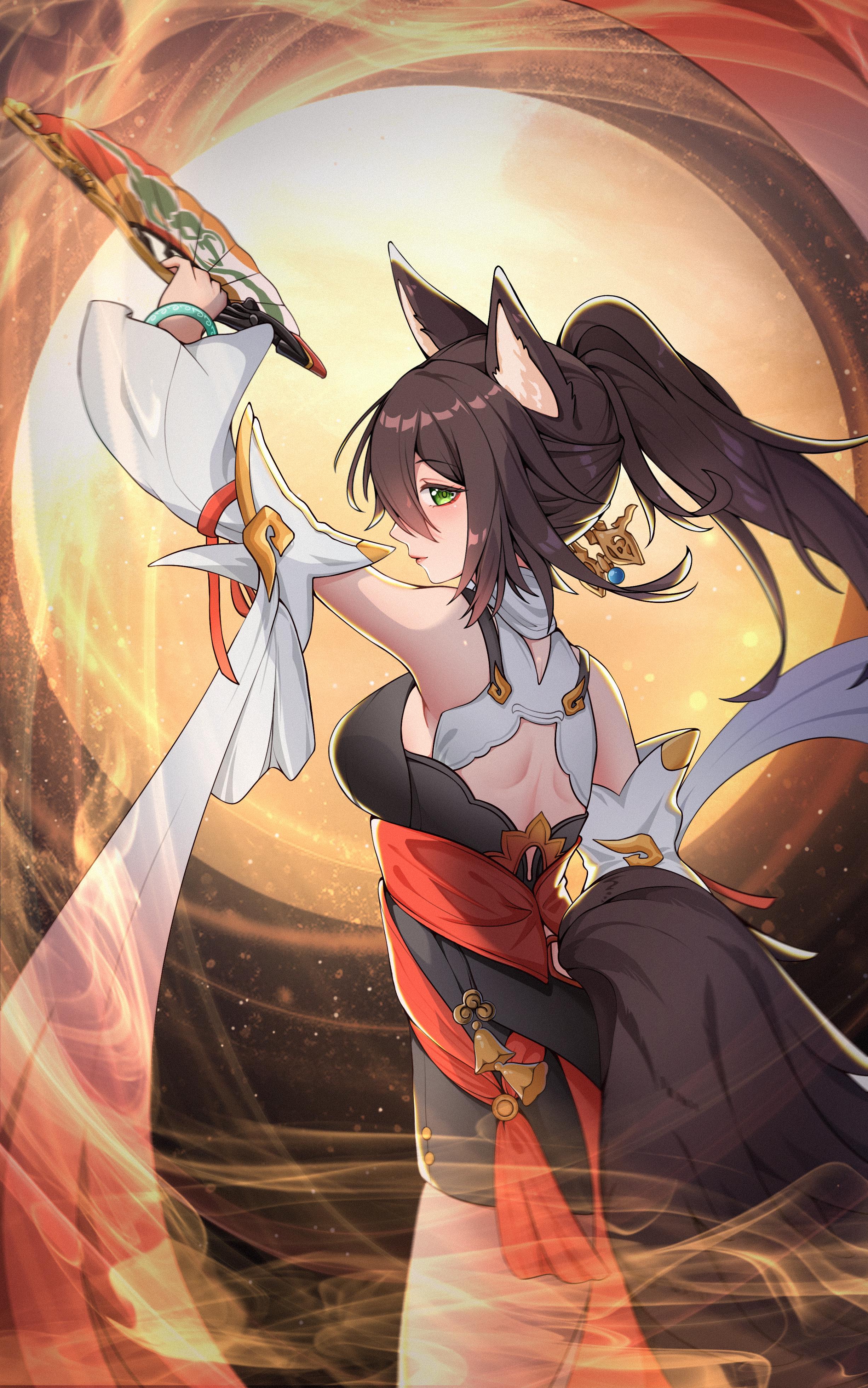 tingyun (harmony) (honkai: star rail), tingyun (honkai: star rail), honkai: star rail, honkai (series), animal ears, brown hair, fox ears, fox girl, fox tail, green eyes, tail
