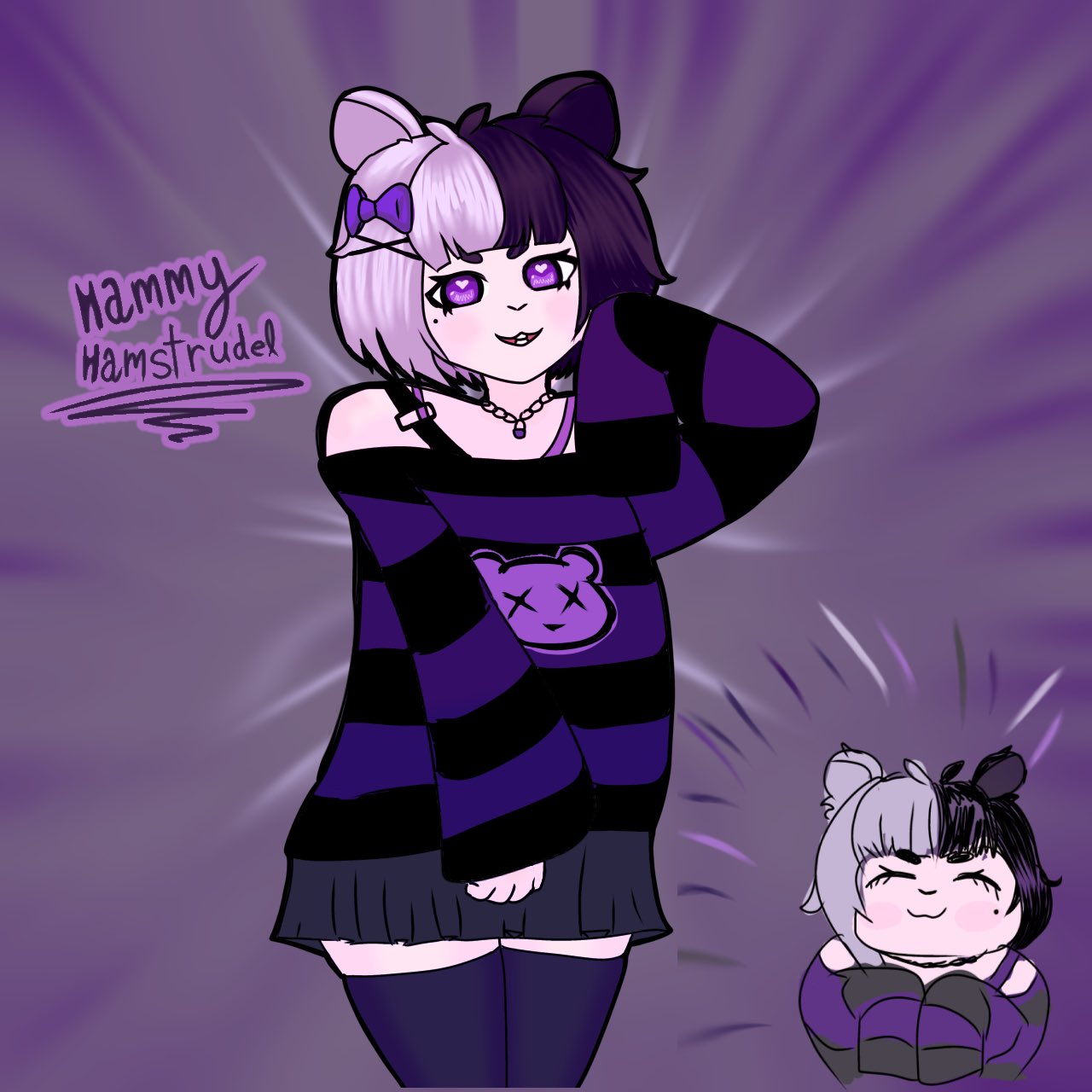 emopukki, hammy hamstrudel, indie virtual youtuber, 1girl, 2025, character name, hamster girl, heart, heart-shaped pupils, jewelry, long sleeves, miniskirt, necklace, purple background, shirt, skirt, solo, striped clothes, striped shirt, symbol-shaped pupils