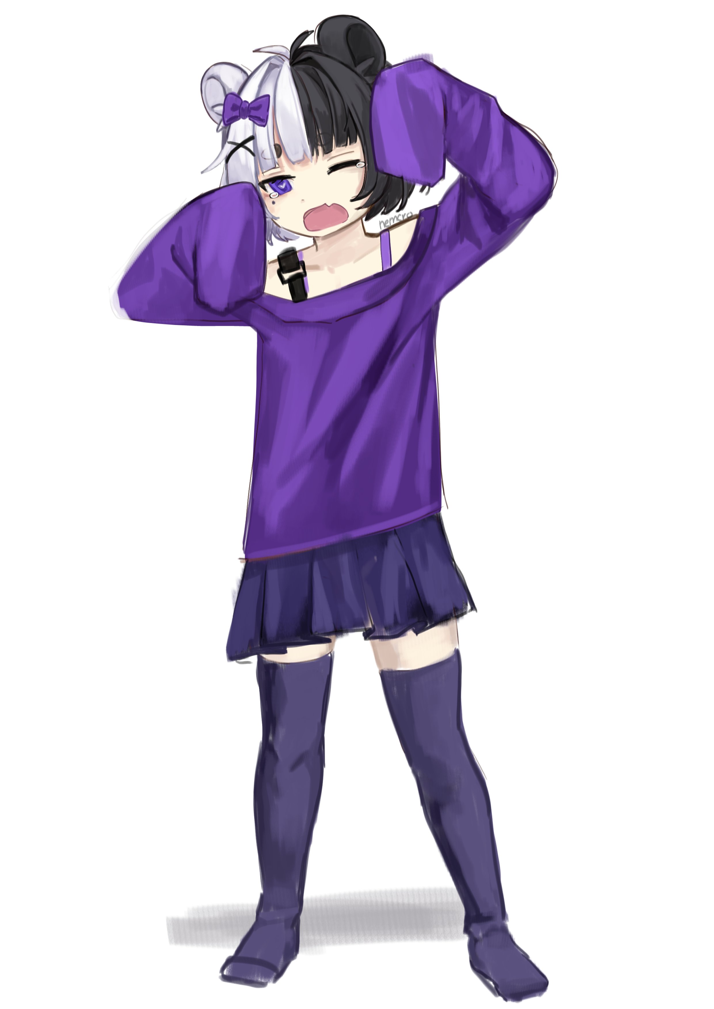 nemcro (artist), hammy hamstrudel, indie virtual youtuber, 1girl, 2024, antenna hair, artist name, black skirt, fang, hamster girl, one eye closed, purple shirt, shirt, skirt, solo, standing, white background, wink, yawning