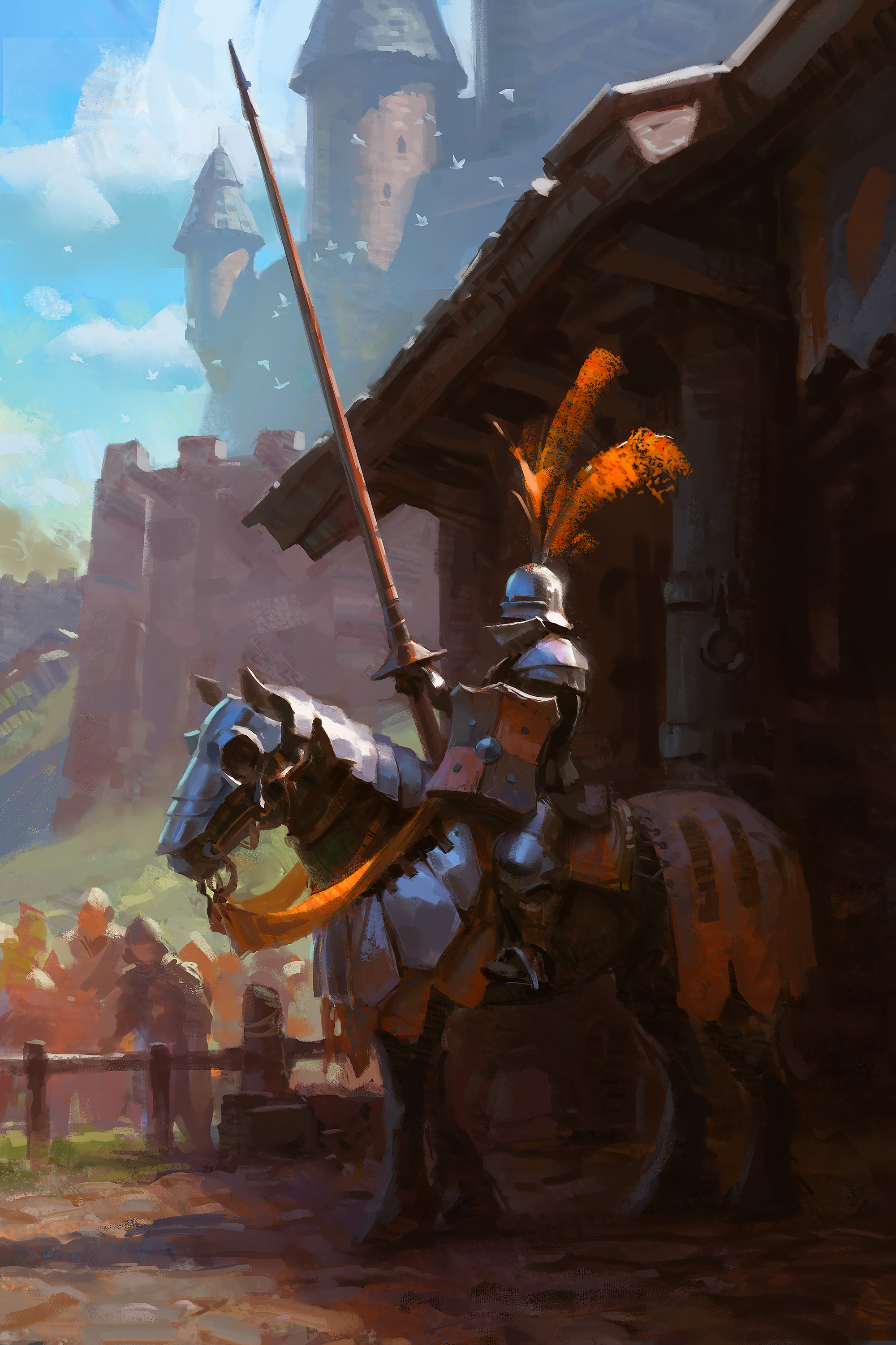 original, absurdres, commentary, english commentary, highres, photoshop (medium), 1boy, animal, armor, barding, castle, day, full armor, holding, holding polearm, holding shield, holding weapon, horse, horseback riding, jousting, knight, lance, lane brown, medieval, outdoors, plume, polearm, riding, shield, solo focus, weapon