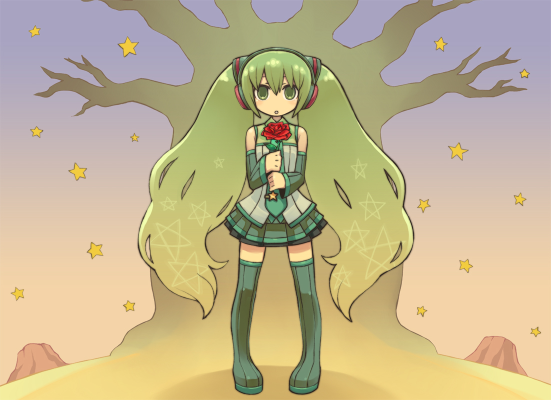 chan co, hatsune miku, vocaloid, boots, detached sleeves, flower, full body, green eyes, green hair, long hair, necktie, patterned, red flower, red rose, rose, skirt, solo, star (symbol), thigh boots, thighhighs, tree, twintails