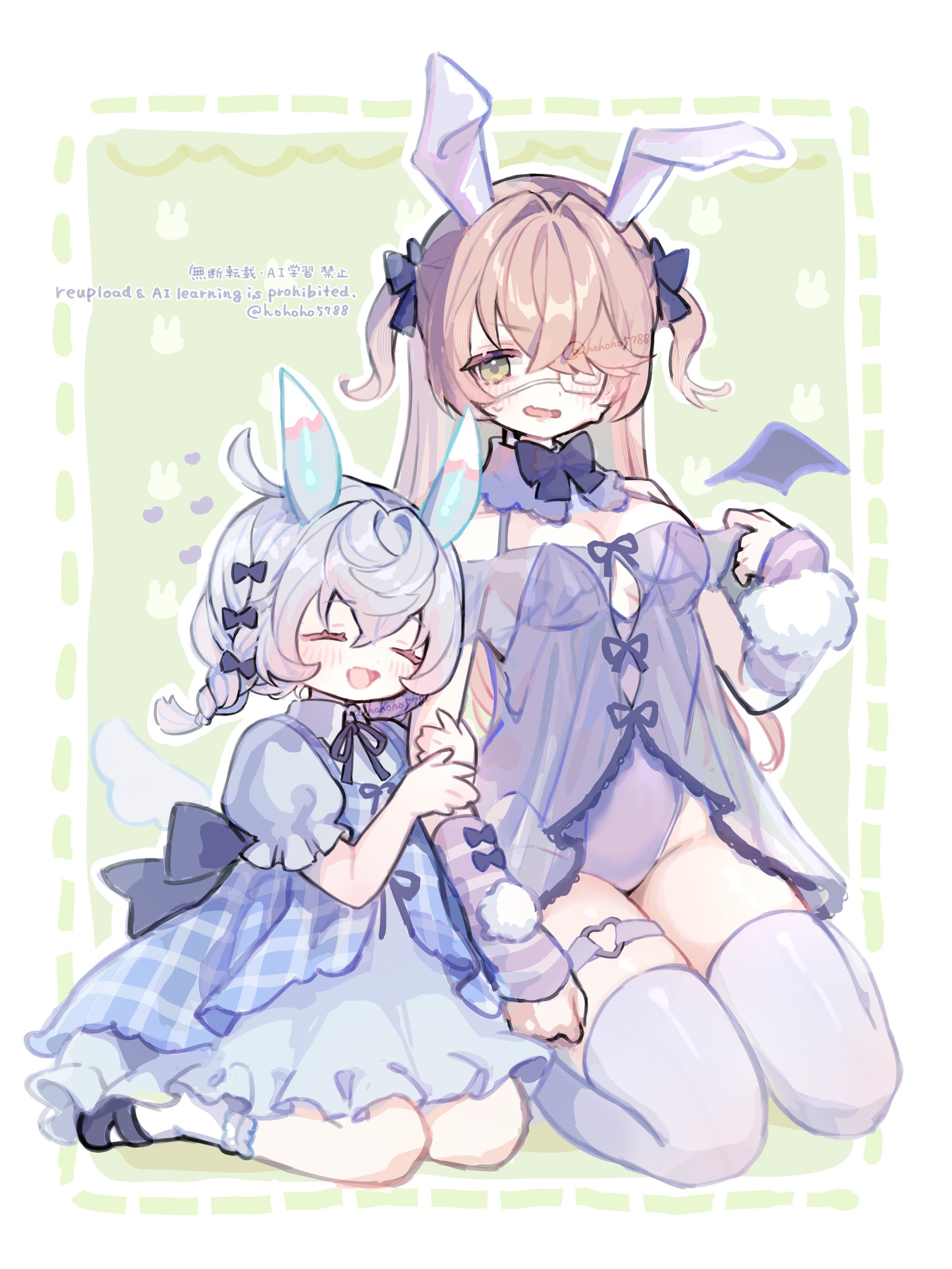poponnu, fischl (genshin impact), sigewinne (genshin impact), genshin impact, absurdres, highres, 2girls, animal ears, blue hair, blush, bow, bowtie, bunny day, gloves, hair between eyes, hair ornament, holding, looking at viewer, multicolored hair, multiple girls, open mouth, shirt, simple background, smile, white gloves