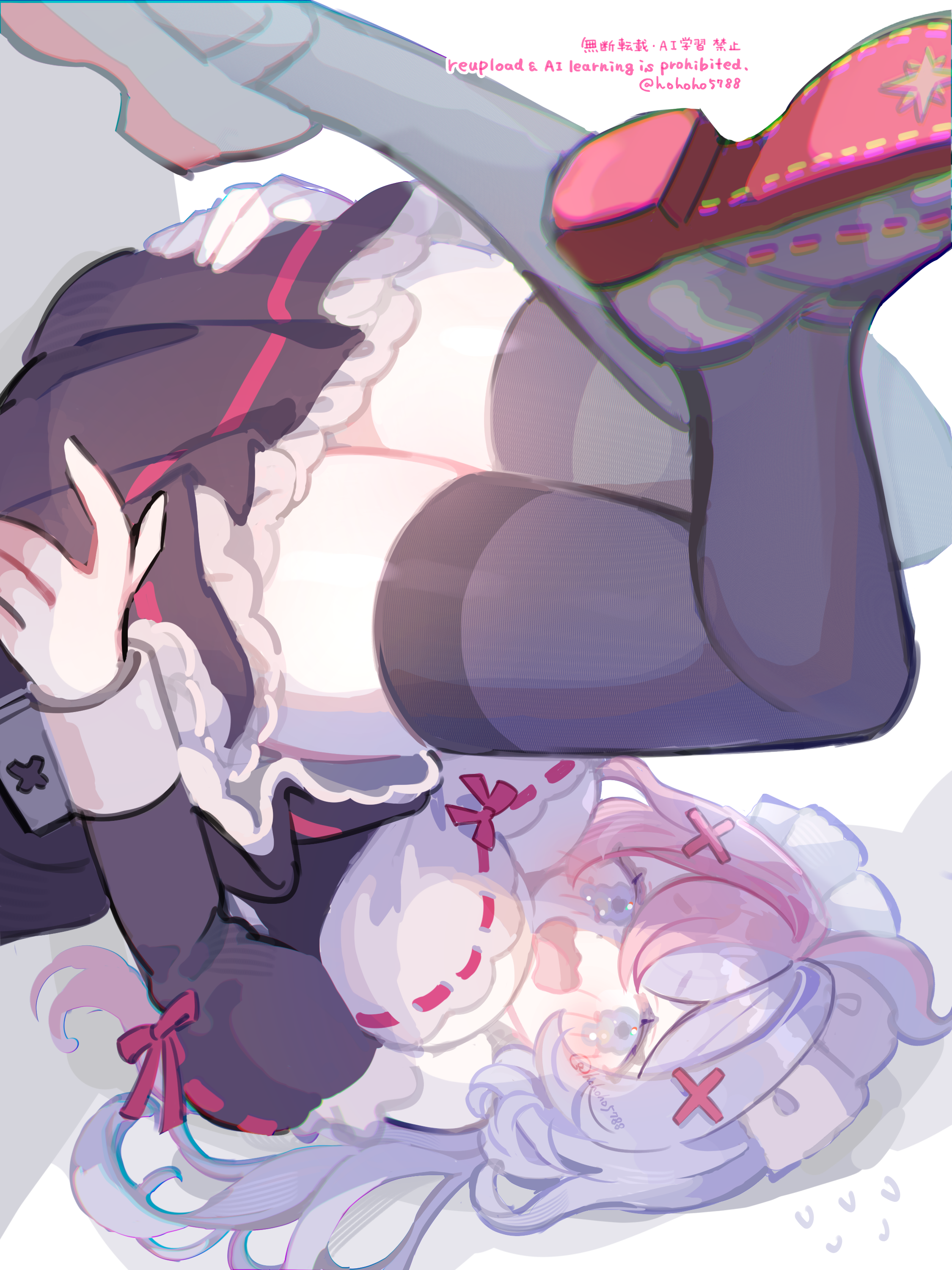 poponnu, monster strike, absurdres, highres, 1girl, ahoge, bare shoulders, blue eyes, blush, breasts, colored pubic hair, eris (monster strike), frills, hair ornament, large breasts, maid, maid headdress, multicolored hair, open mouth, pink hair, pink pubic hair, pubic hair, raised inner eyebrows, ribbon, skirt, solo, tearing up, thighhighs, two-tone hair, white hair